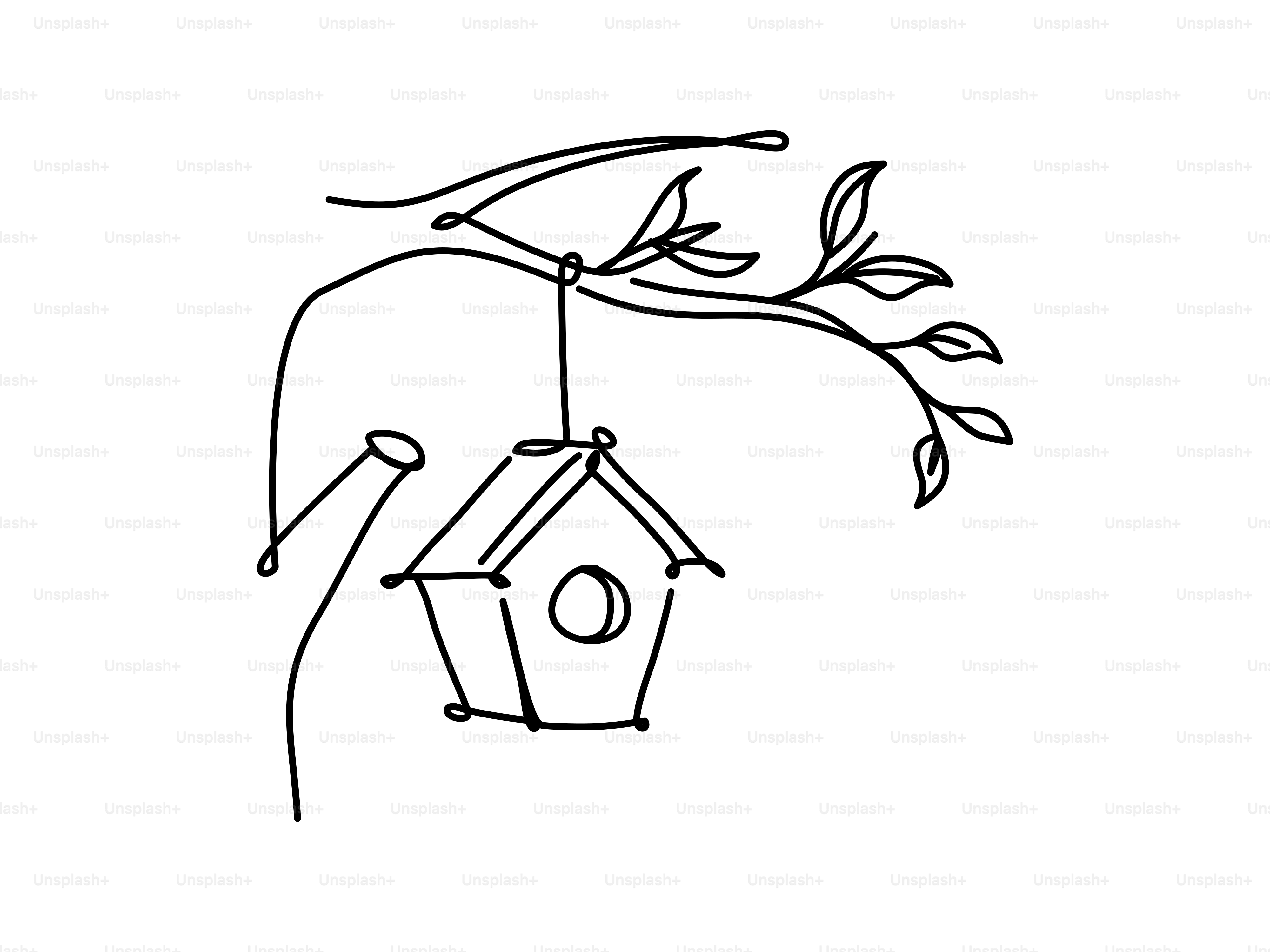 A line drawing of a birdhouse hanging from a branch.