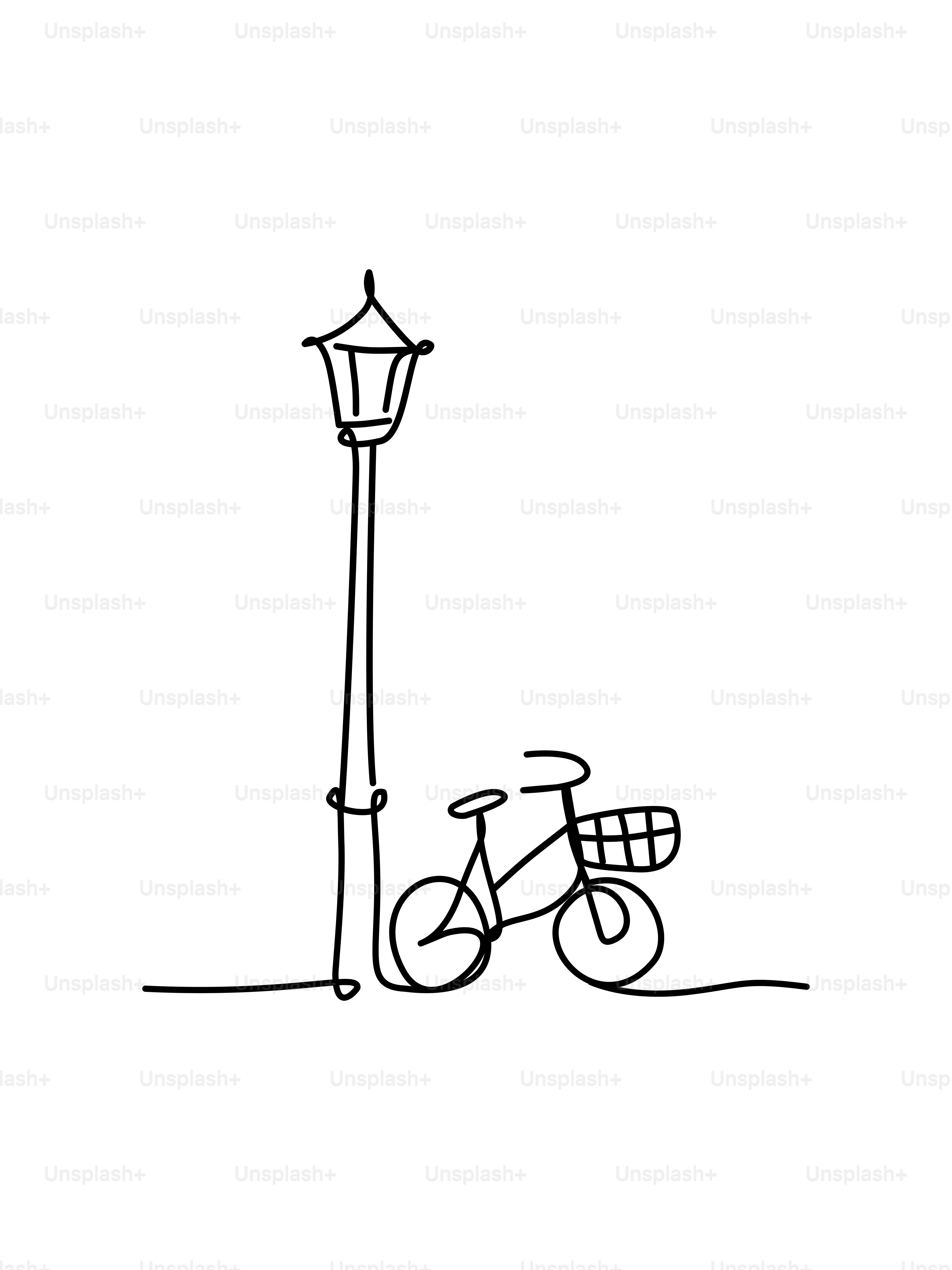 A minimalist line drawing of a bicycle and lamppost