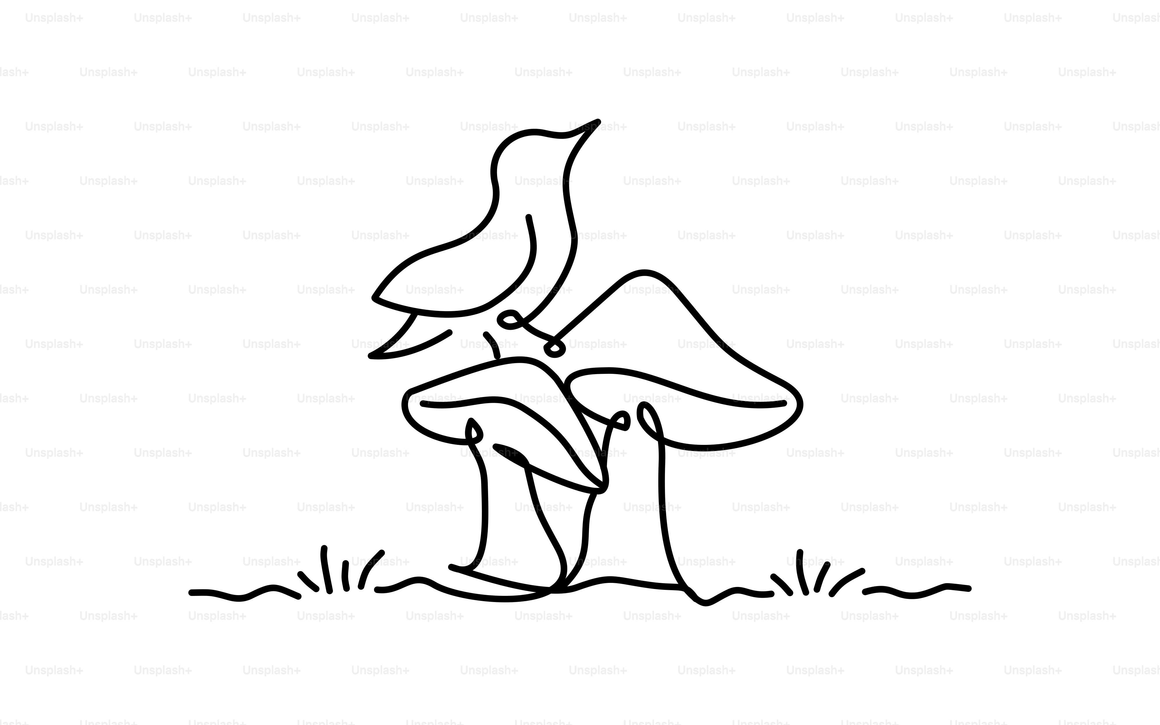 A bird perched on mushrooms in grass.