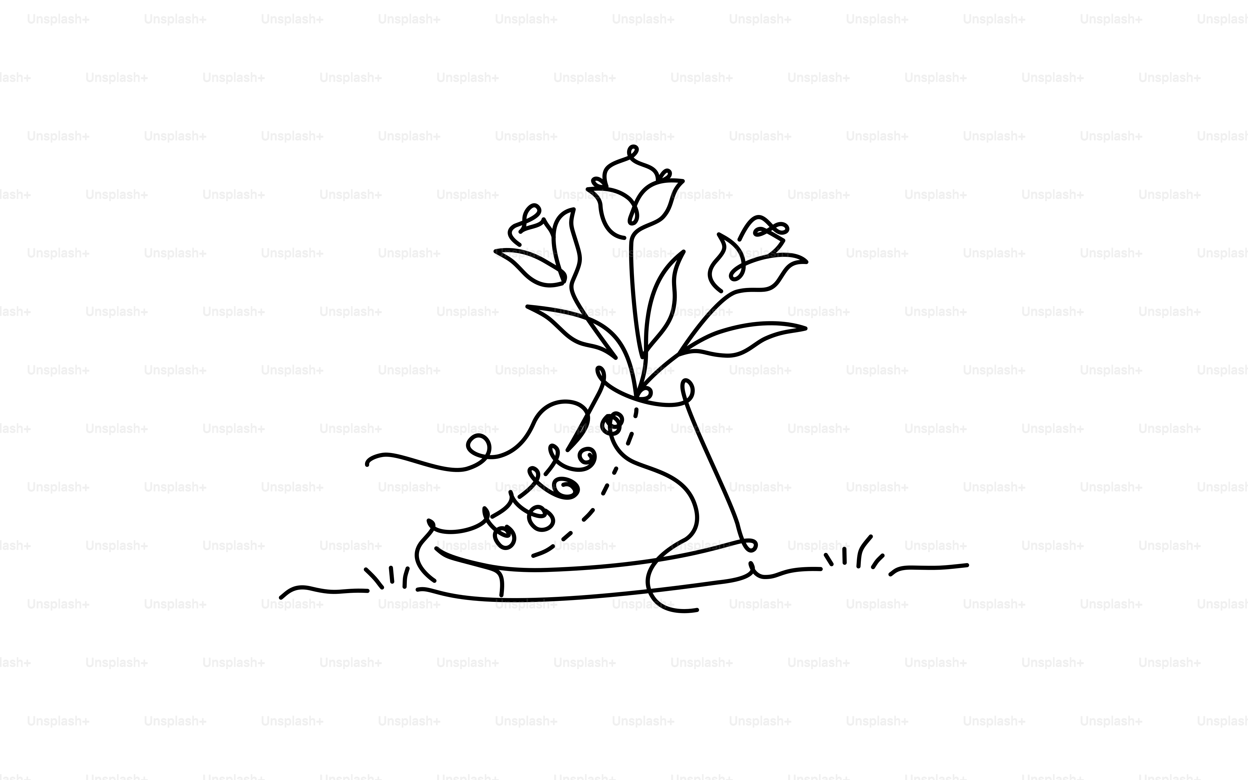 Line art of a shoe with flowers growing from it.