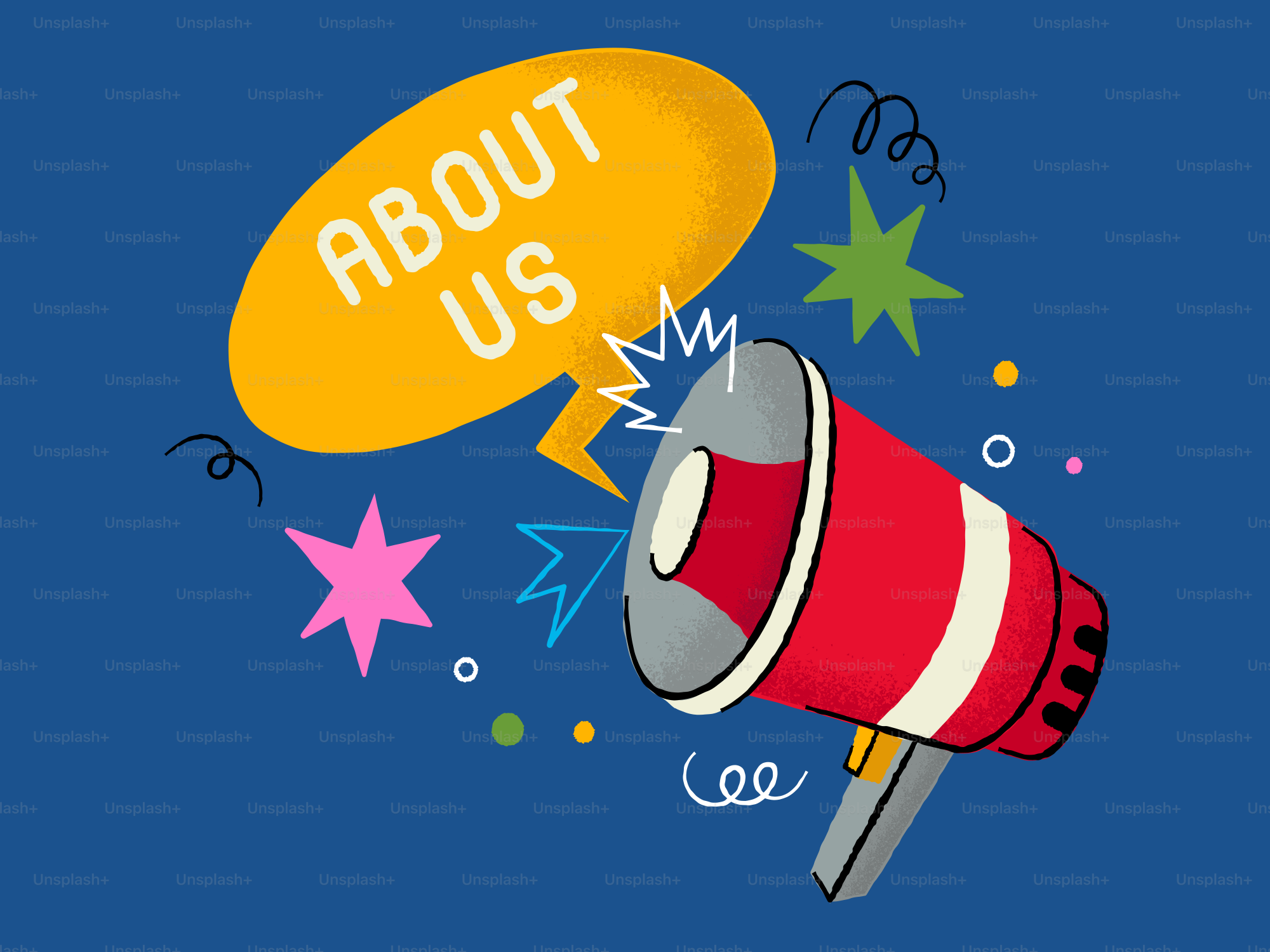 Megaphone announcing "about us" with colorful stars