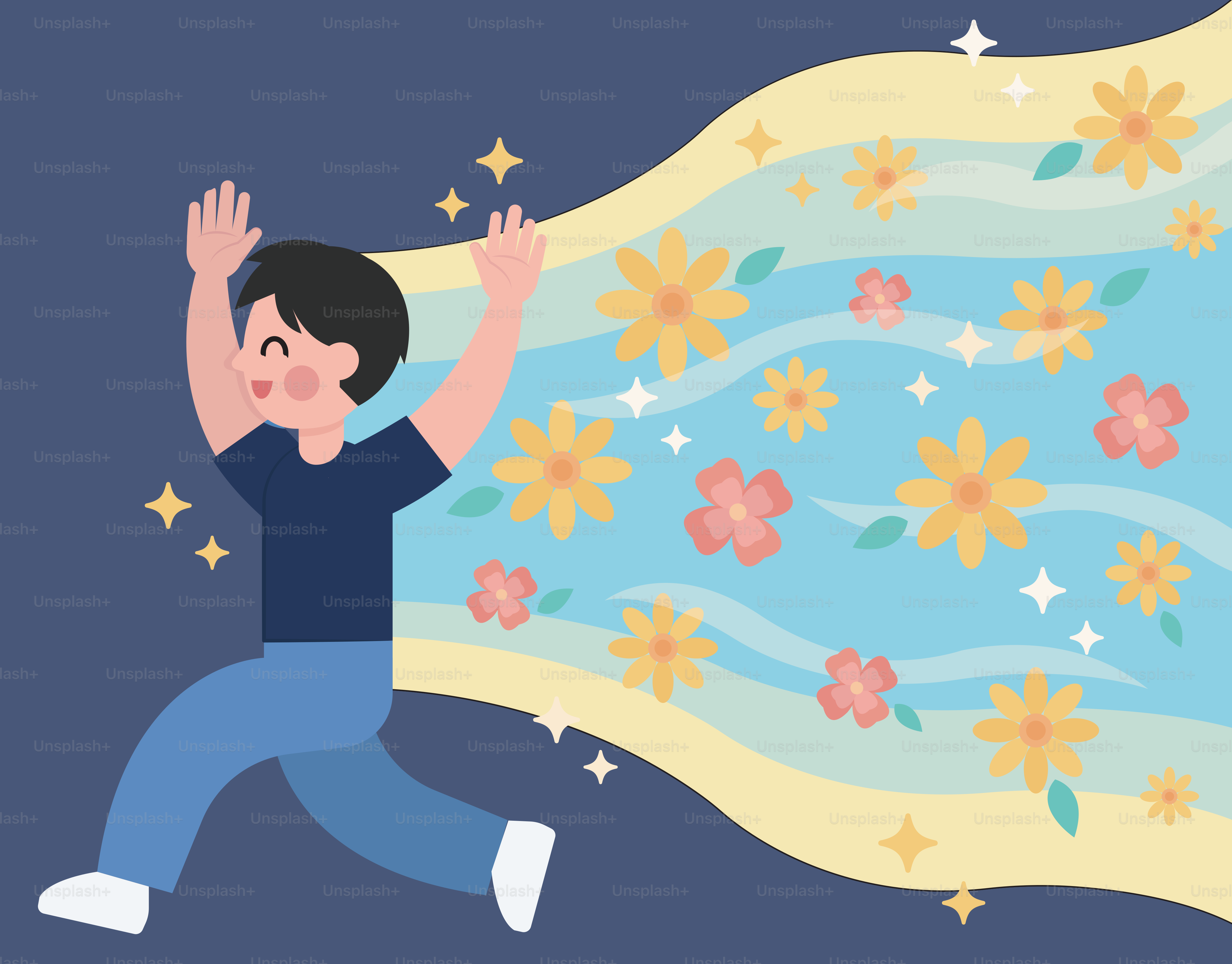 Man running with flowers and sparkles emanating