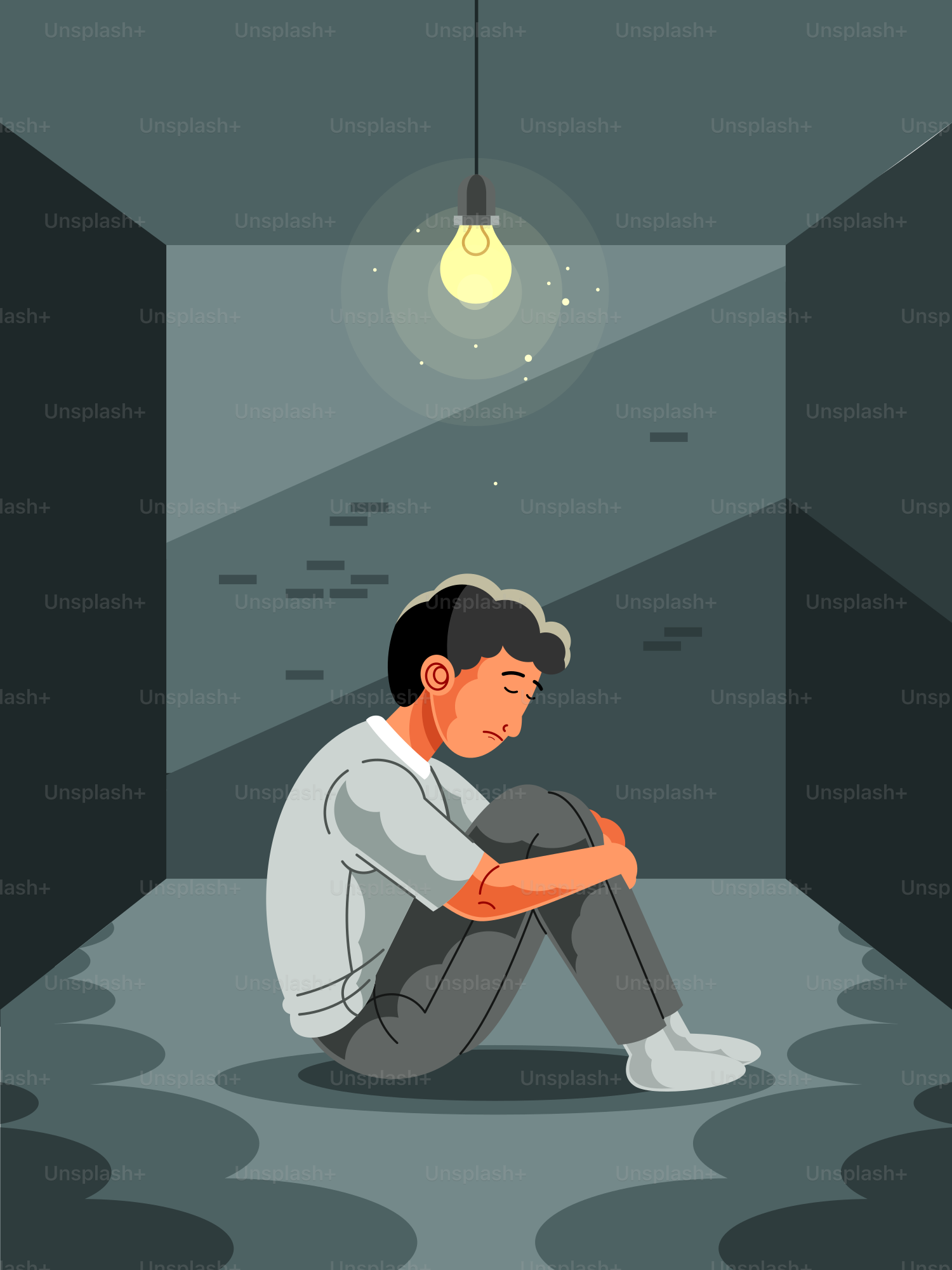 A young man sits alone in a dimly lit room.