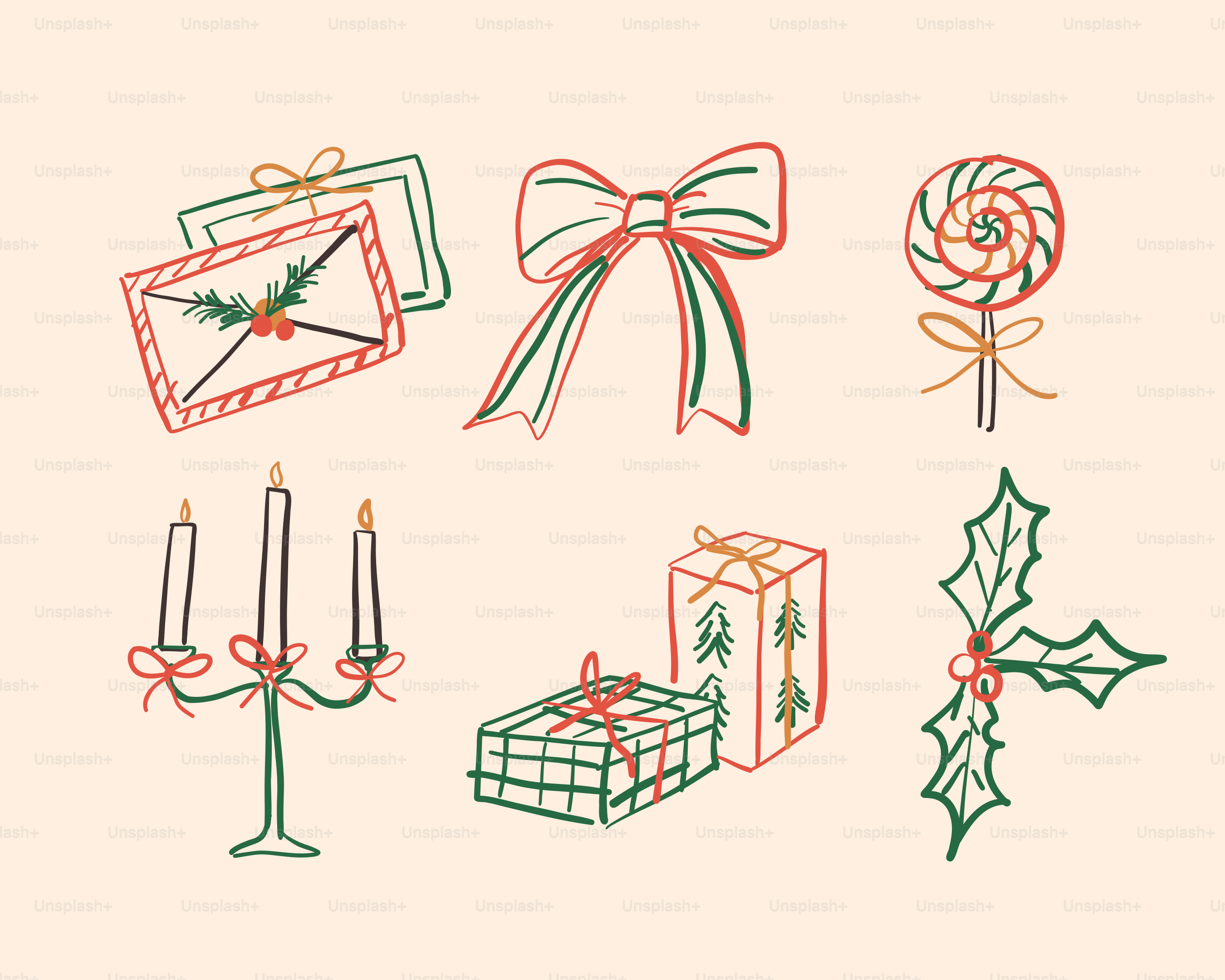 Christmas holiday icons with gifts, bow, and lollipop