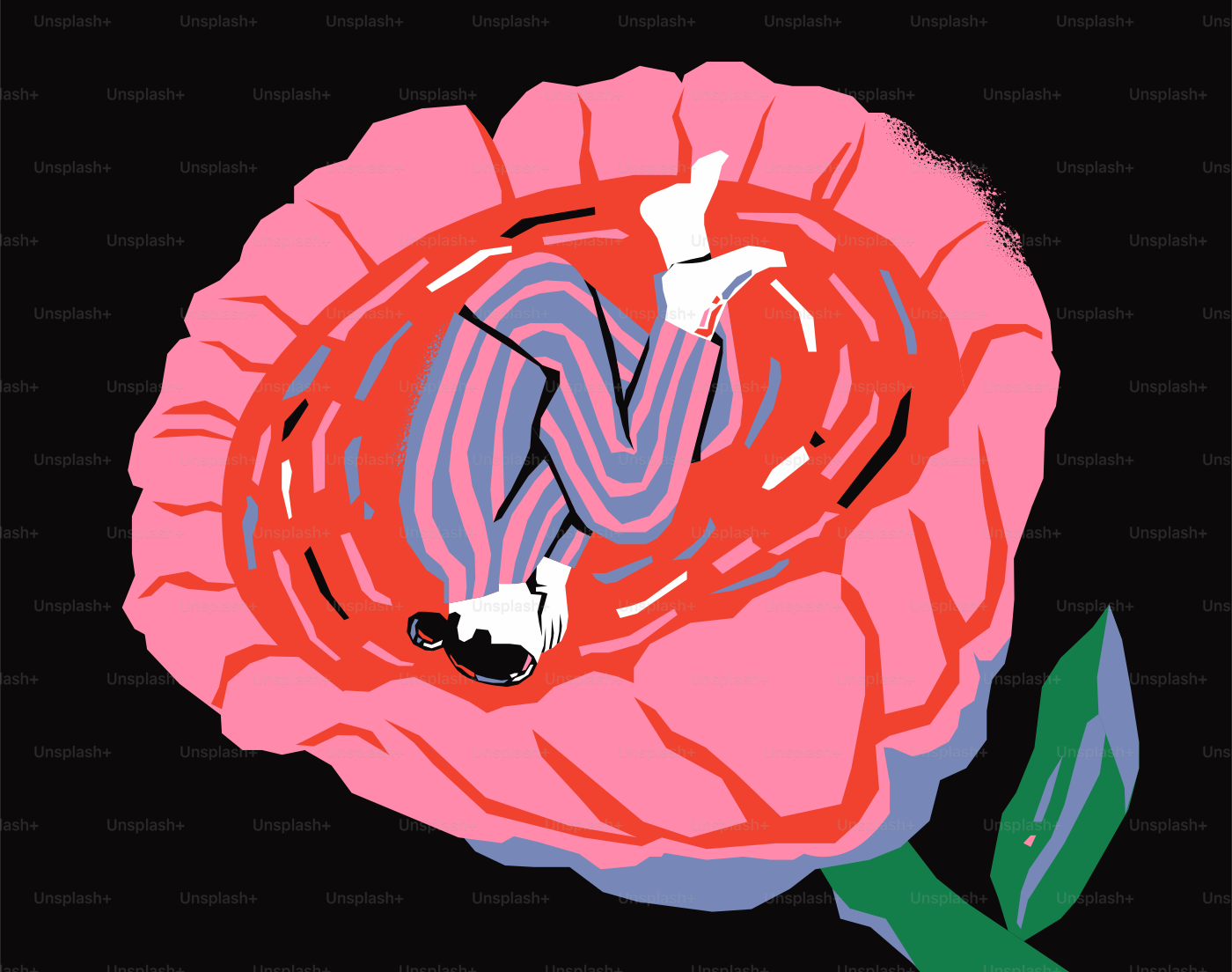 Persona acurrucada dentro de una gran flor rosa. vector – Imagen de ...