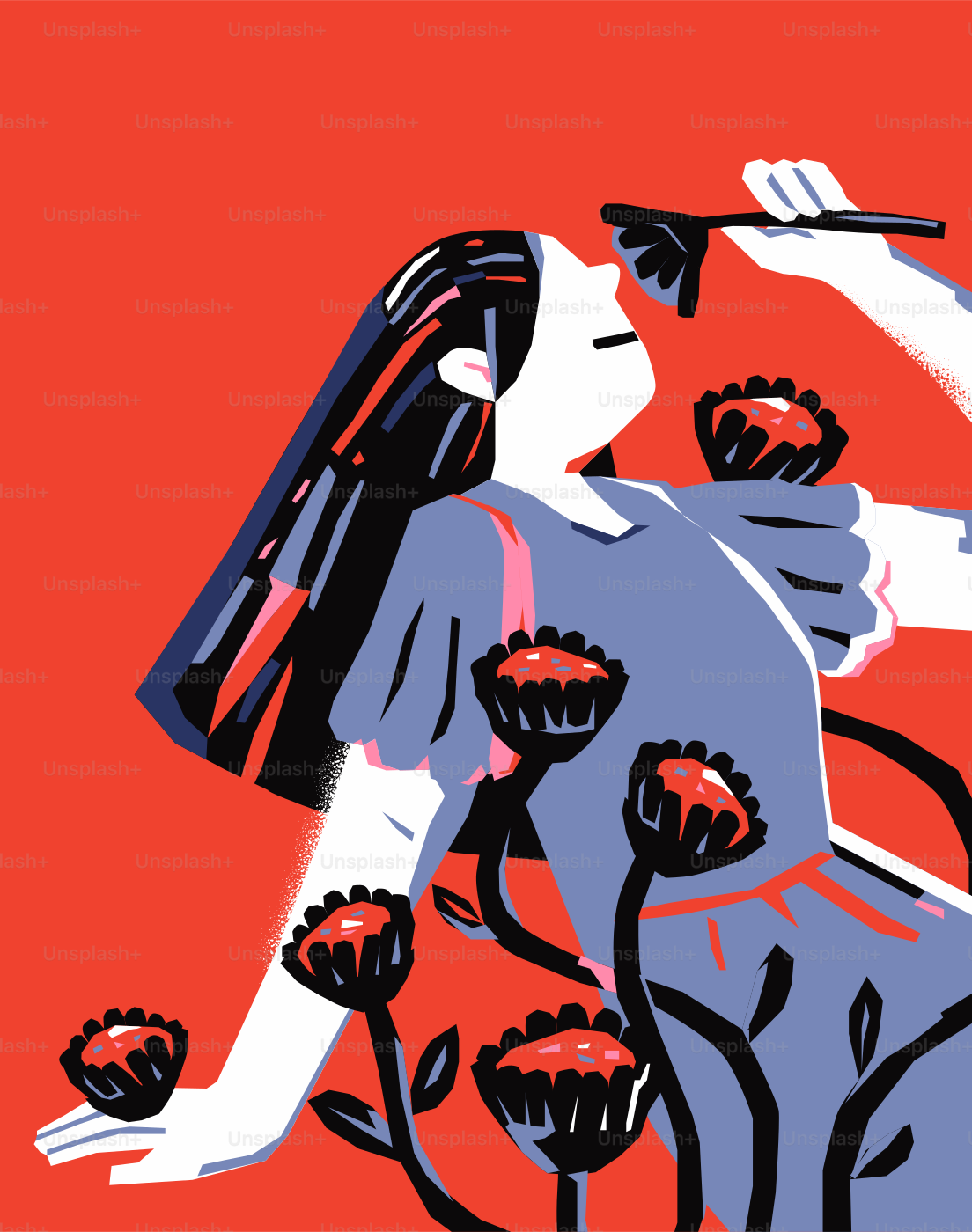 Frau, die rote Blumen mit Make-up-Pinsel riecht