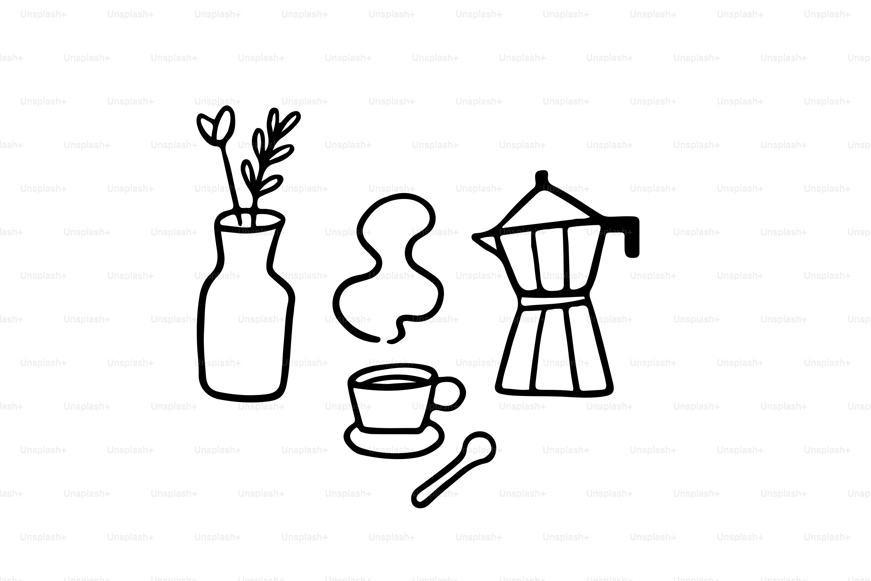 Coffee pot, cup, and vase with flowers