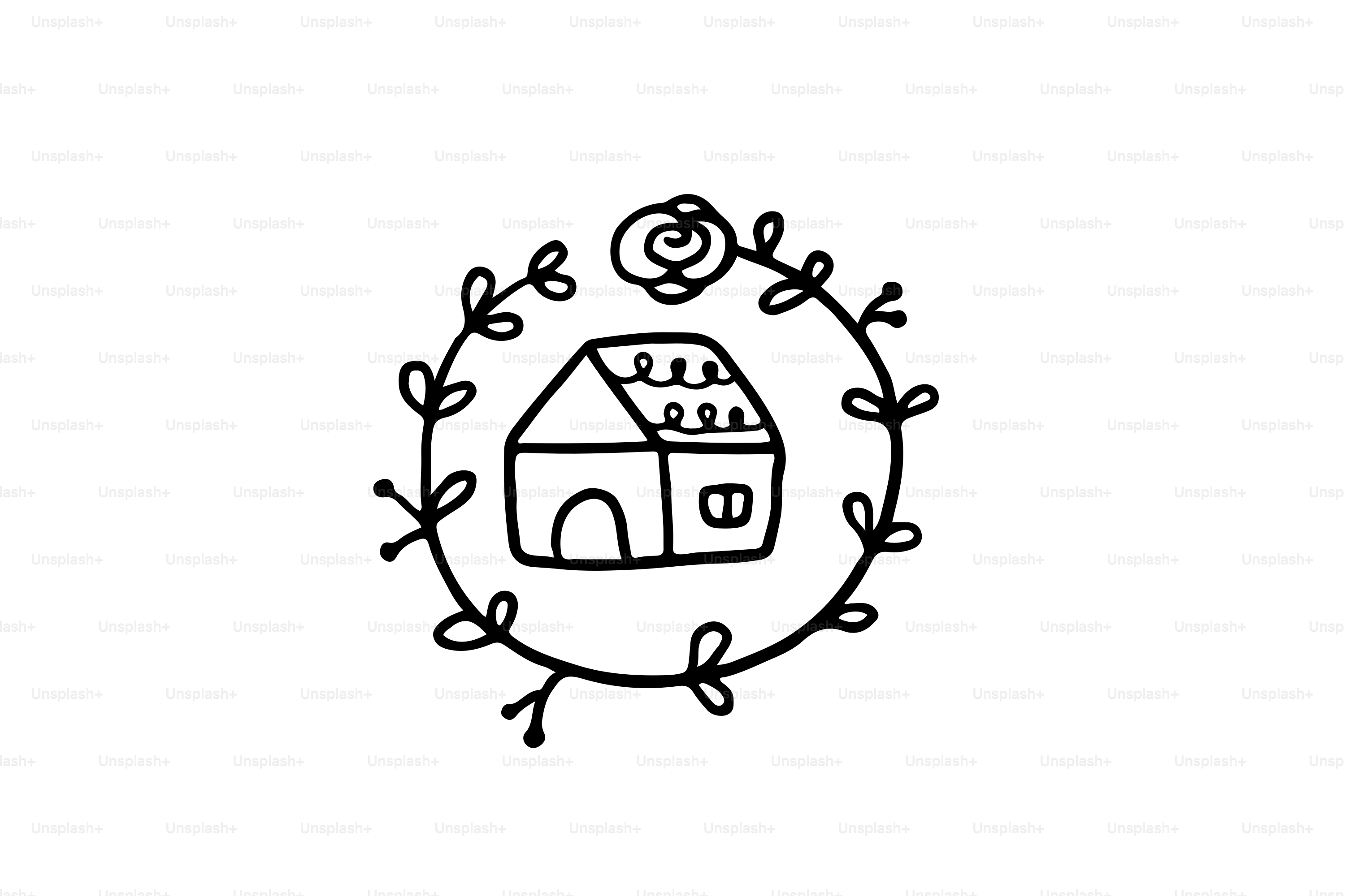 Un dessin simple d’une maison dans une couronne florale.