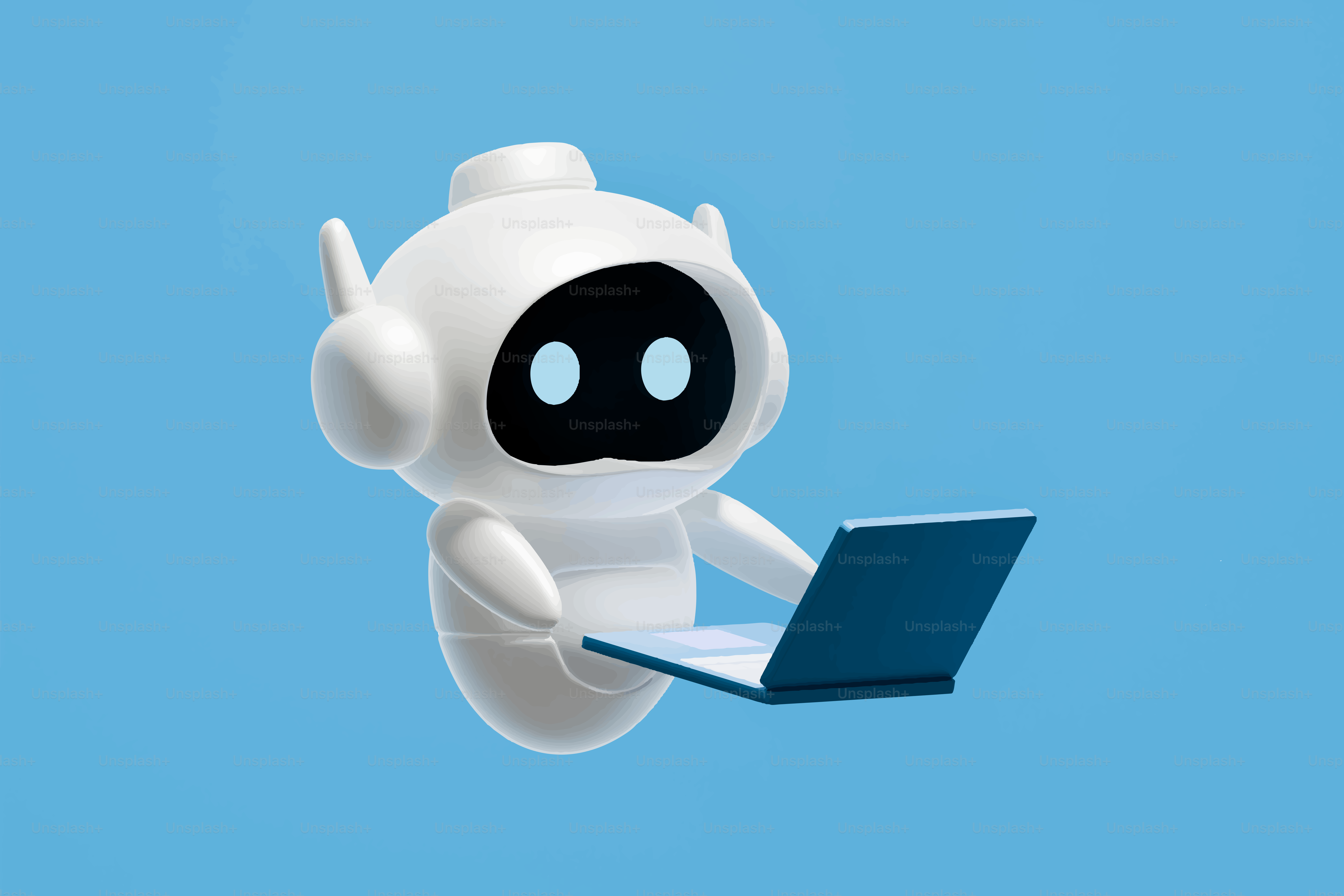 A cute robot character using a laptop computer.
