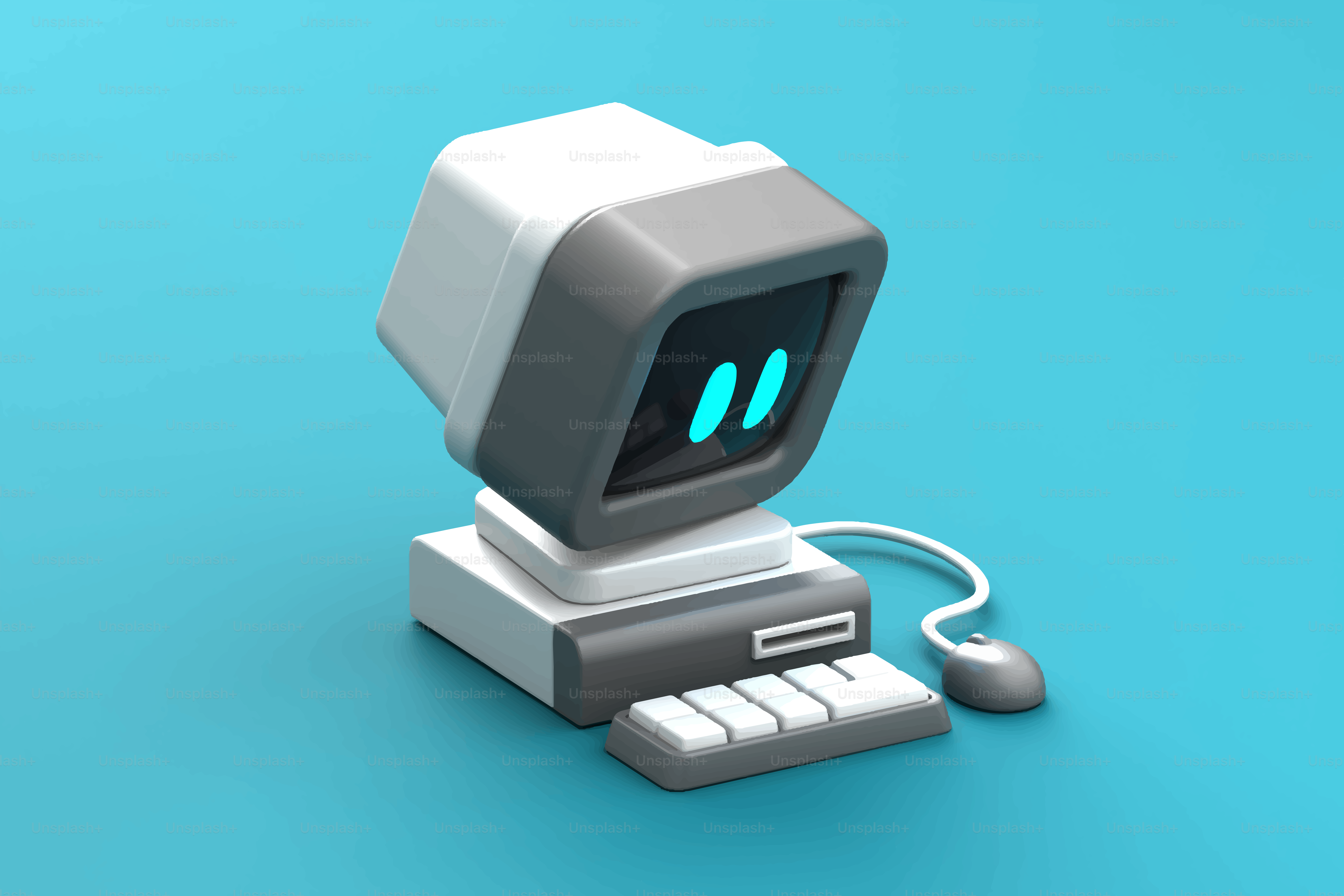 Retro computer with glowing screen on blue background