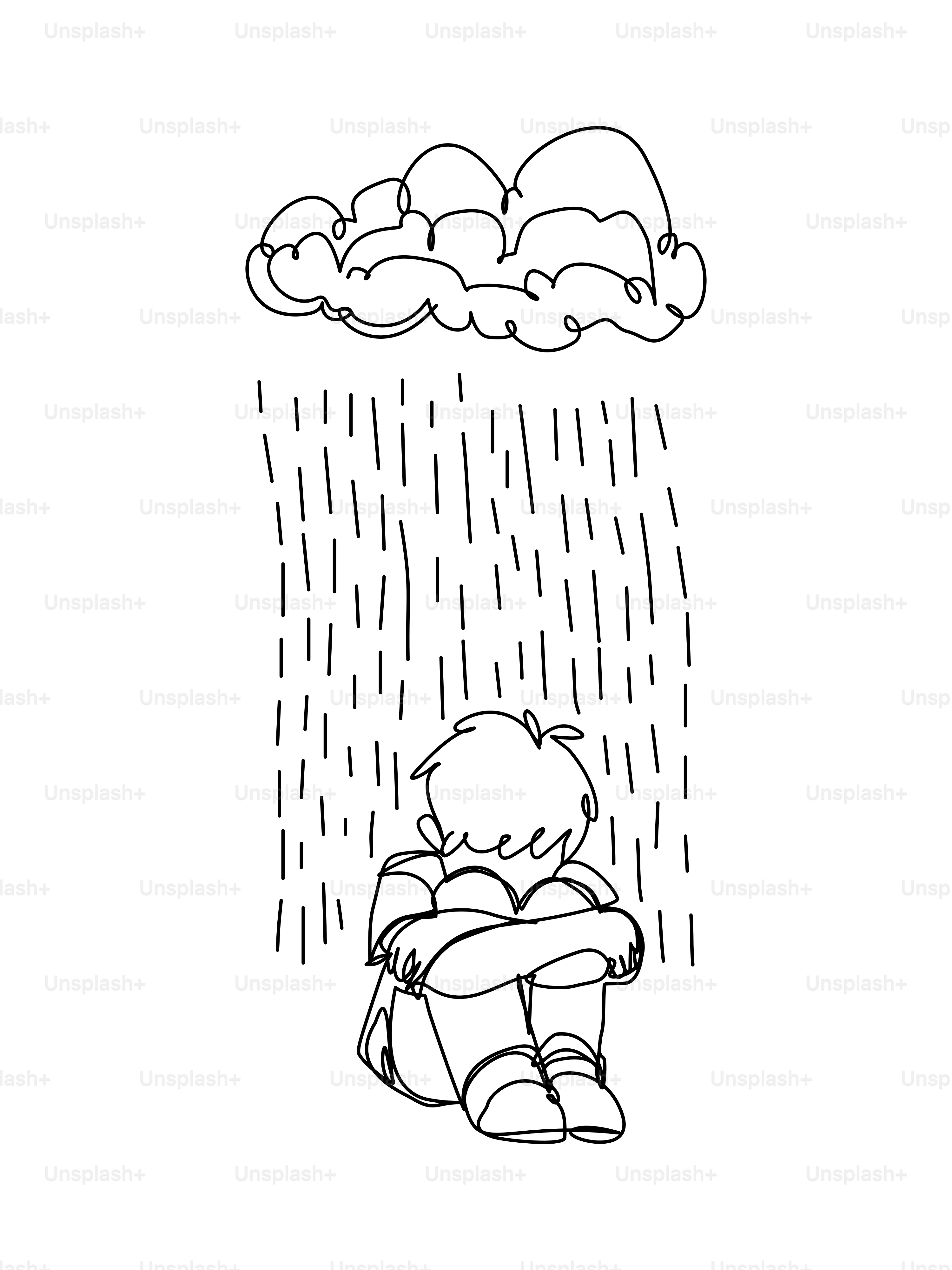 A child sits alone under a rain cloud.