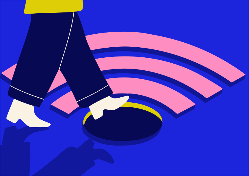 Persona che entra in un buco vicino al simbolo del wi-fi.