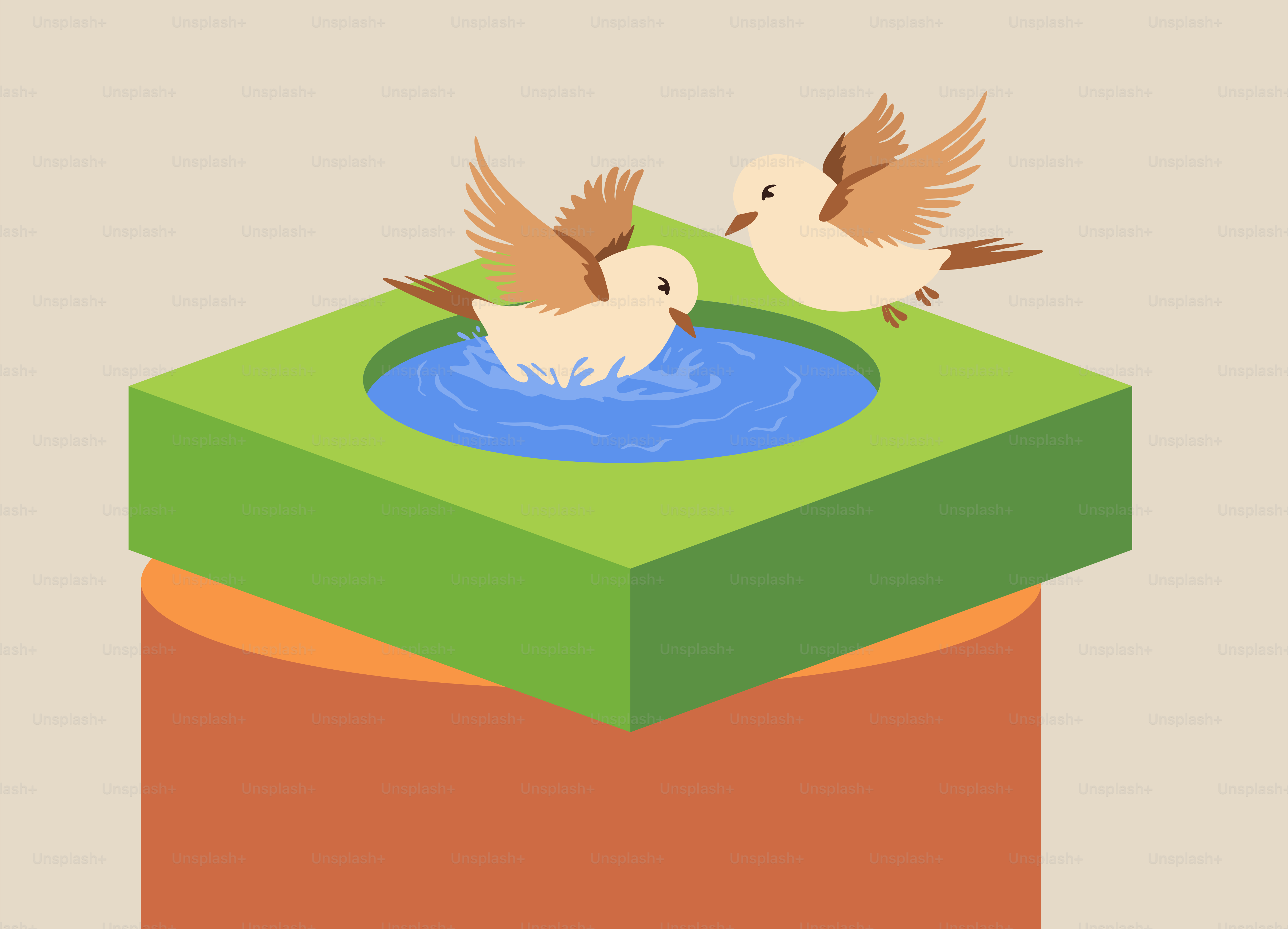 Two birds bathing in a water fountain.