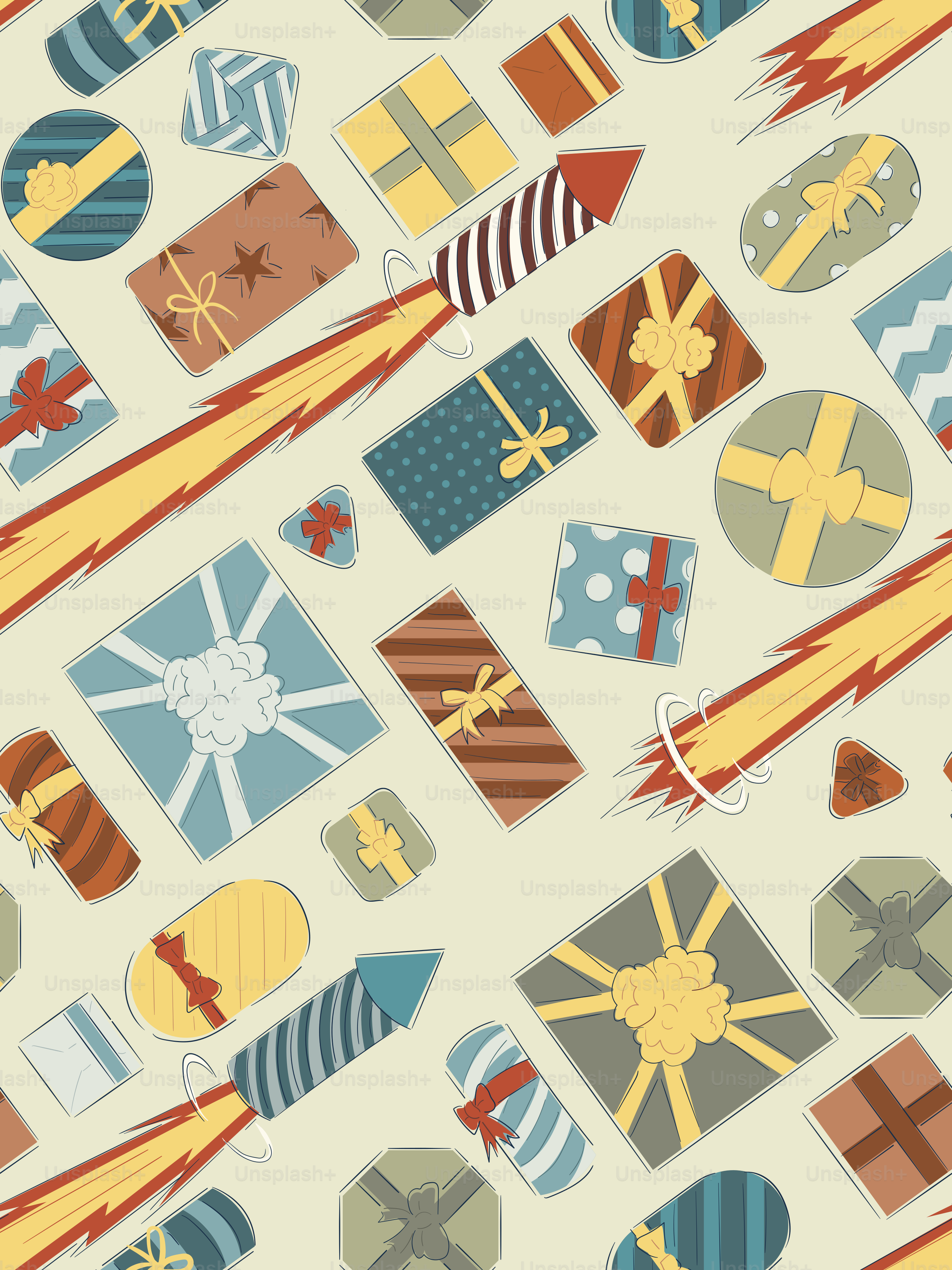 Gift boxes and rockets in a repeating pattern.