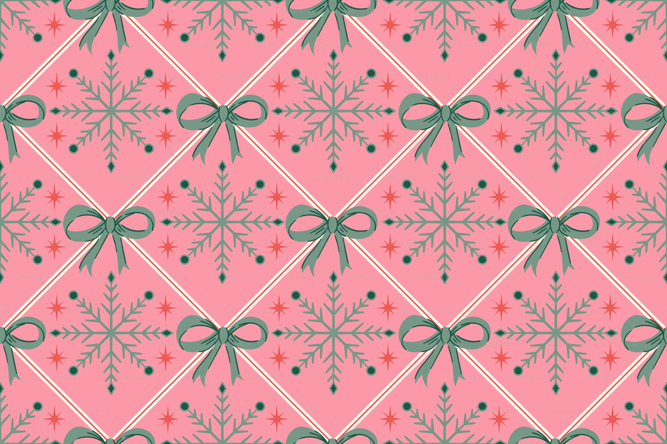 Pink background with repeating snowflake and bow pattern vector ...