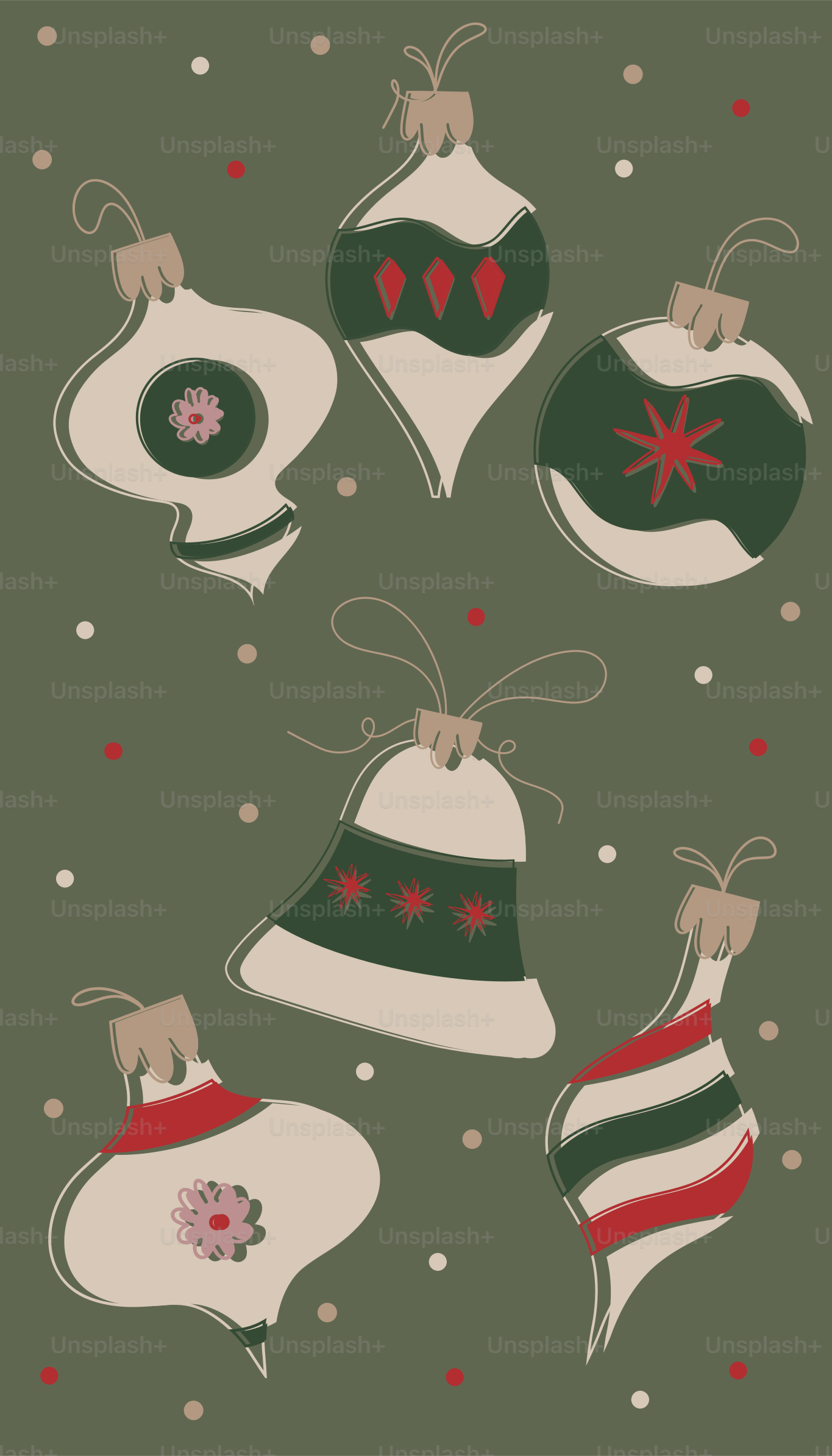 Assortment of vintage christmas ornaments on a dotted background