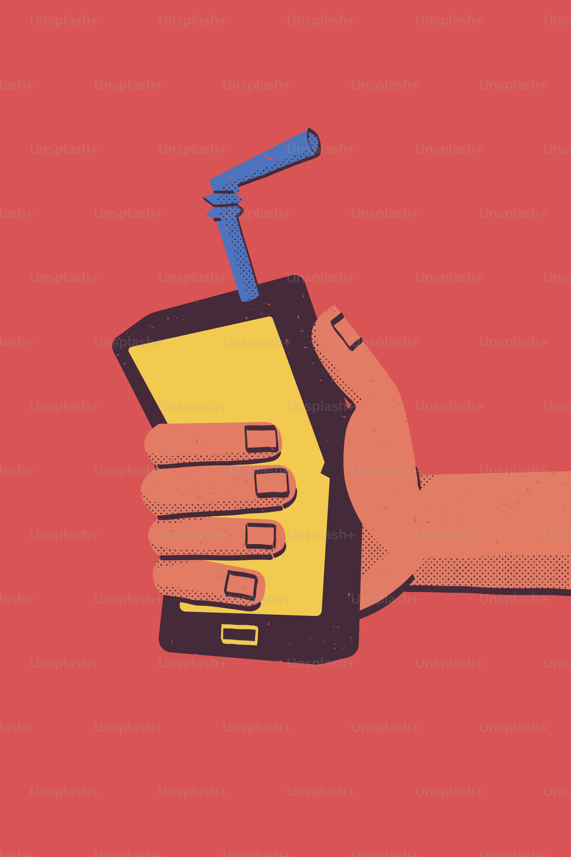 Hand holding smartphone with straw like drink