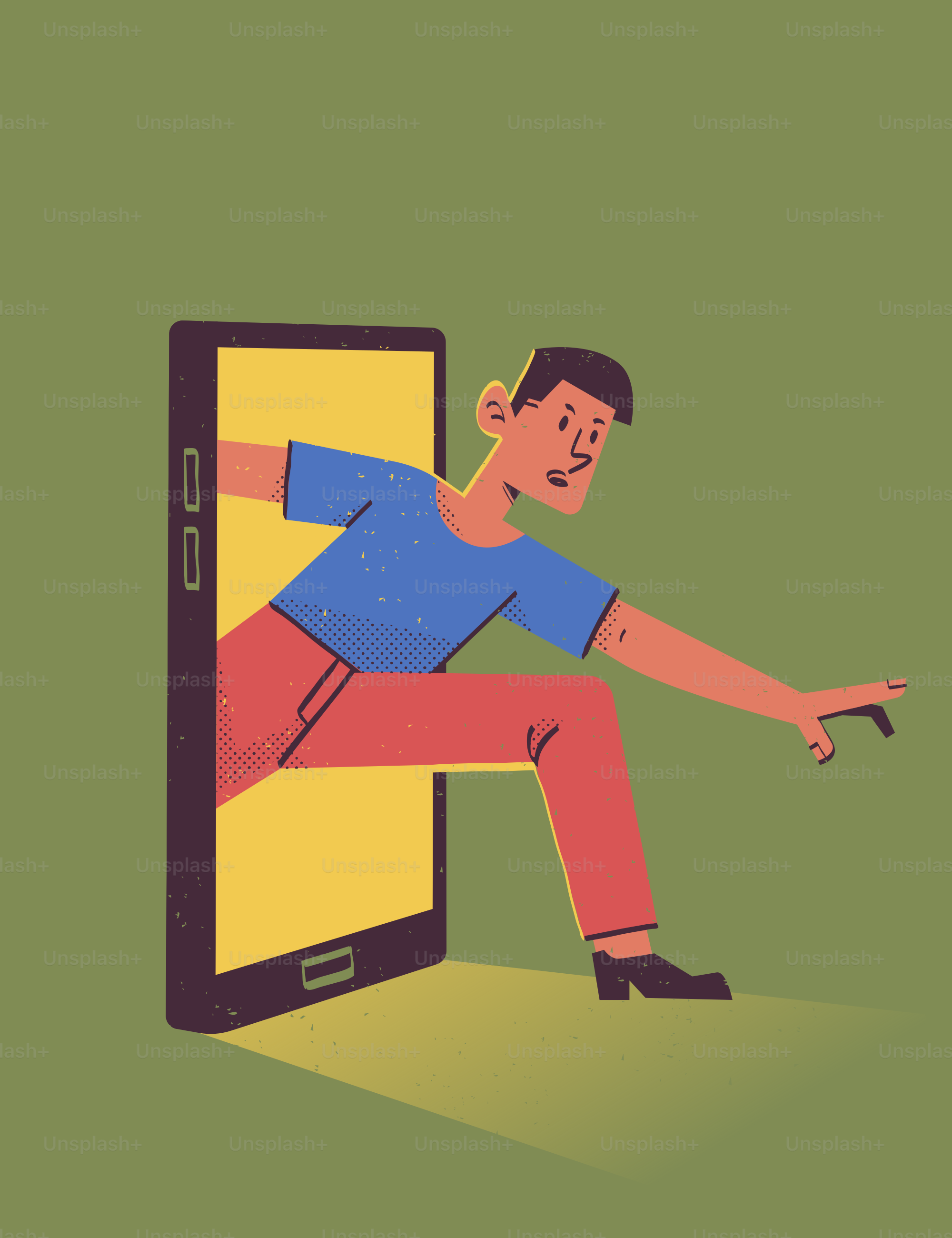 Man climbing out of a smartphone screen.