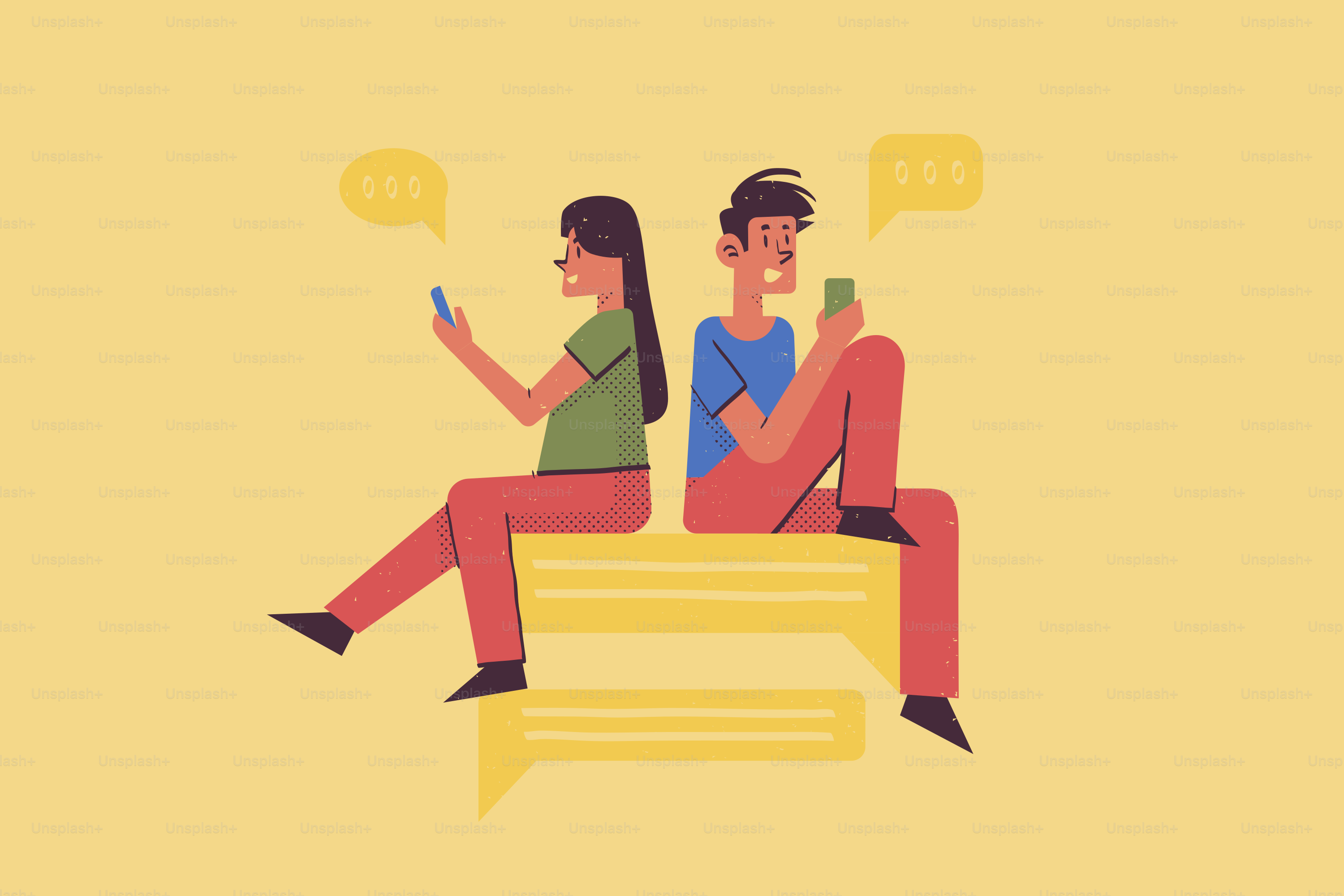 Zwei Personen, die Rücken an Rücken auf Chat-Bubbles sitzen