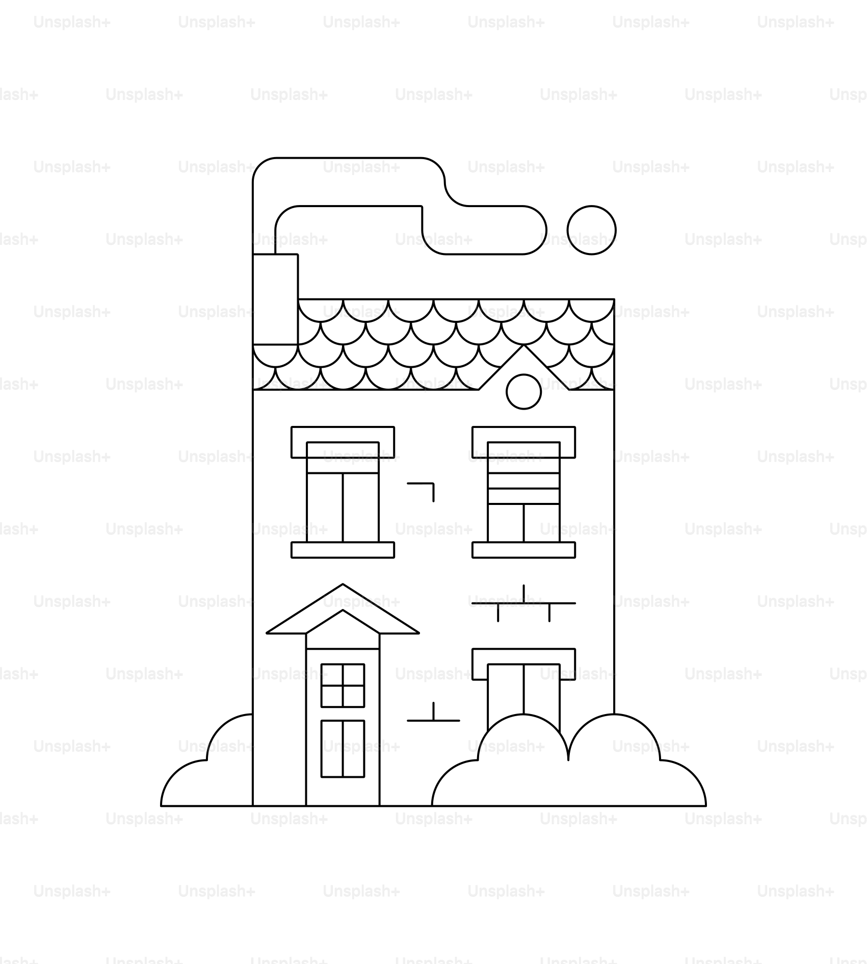 A simple line drawing of a house with smoke.