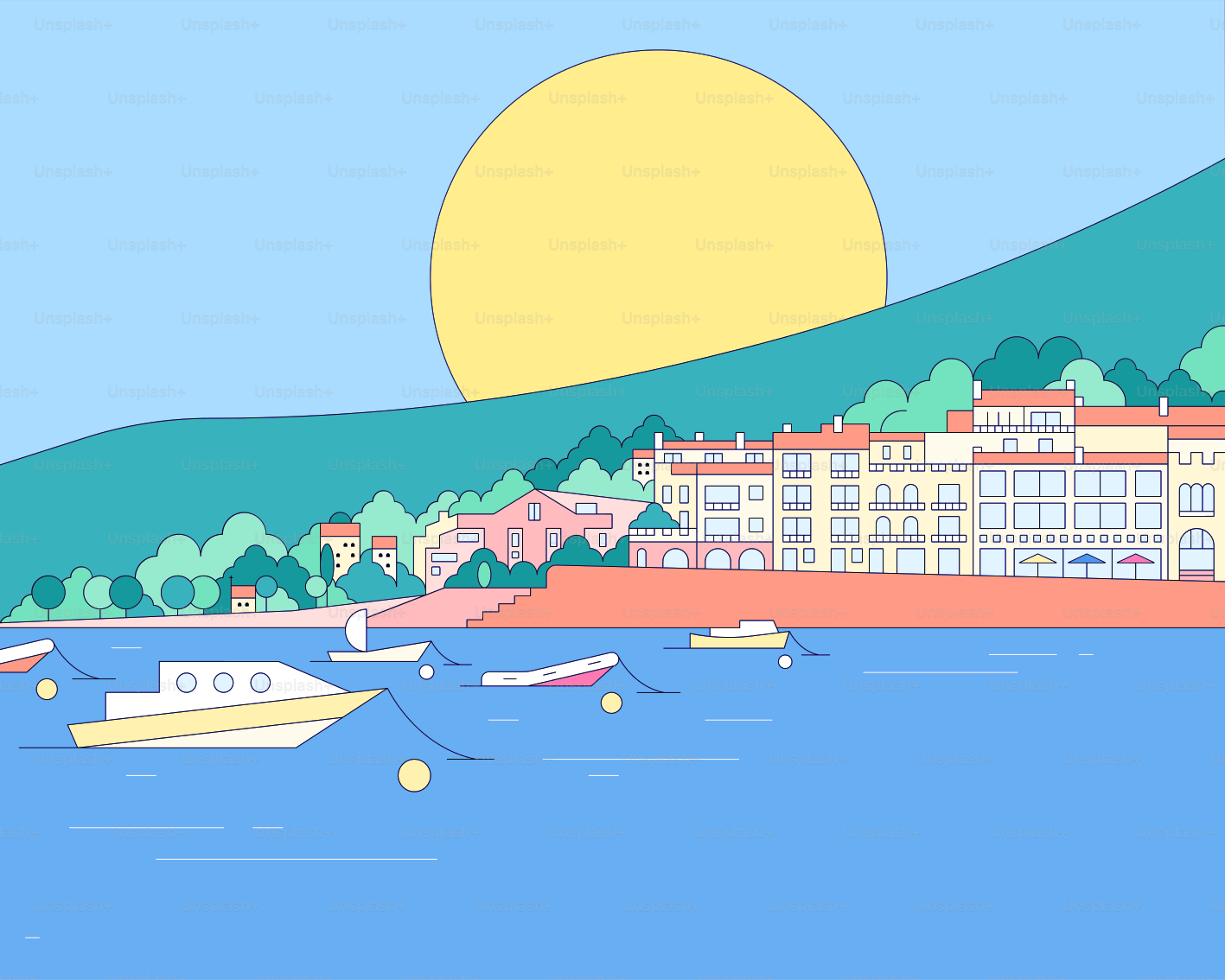 Boote treiben auf dem Wasser in der Nähe einer Küstenstadt.