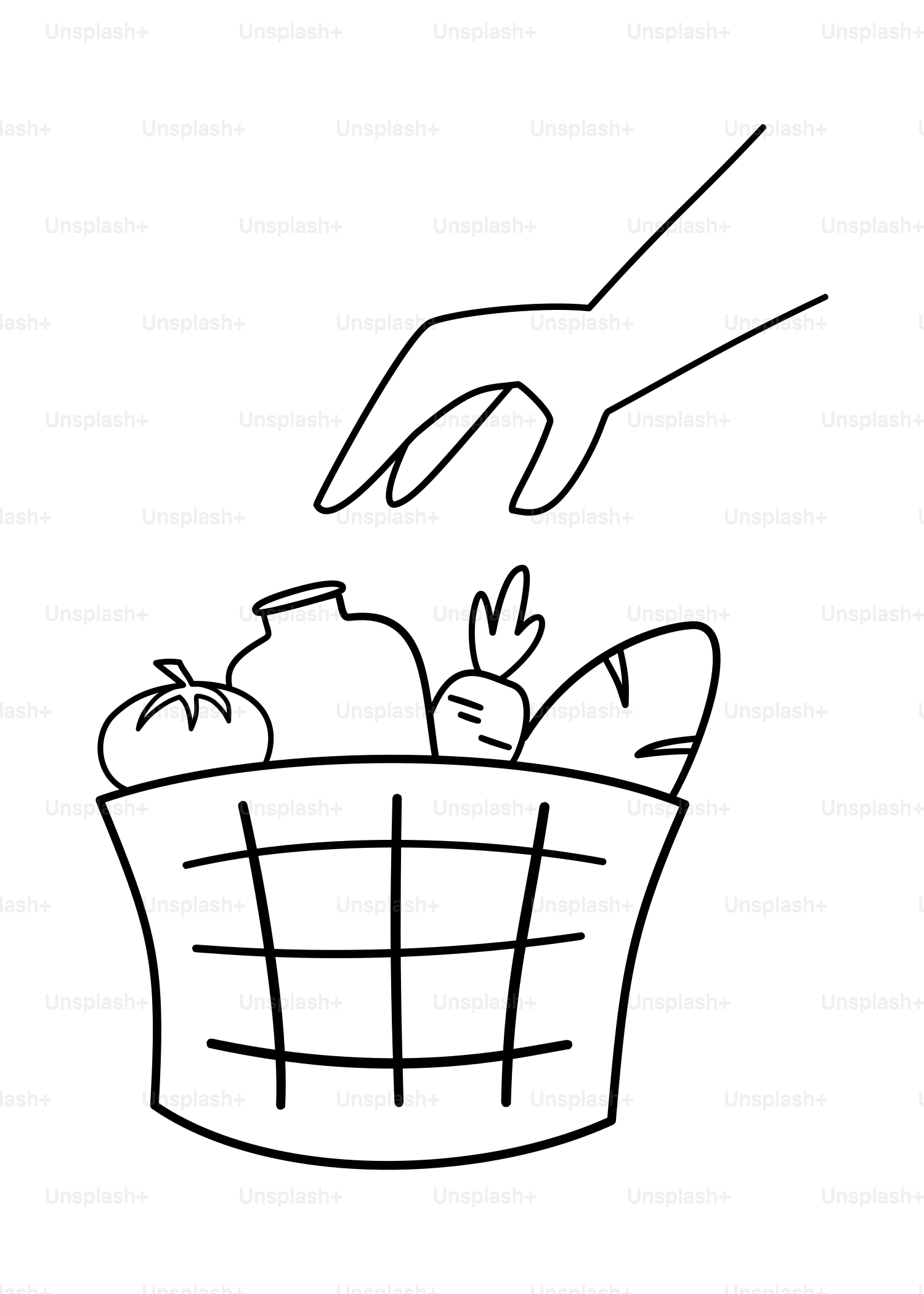 Hand reaching into a basket of groceries.