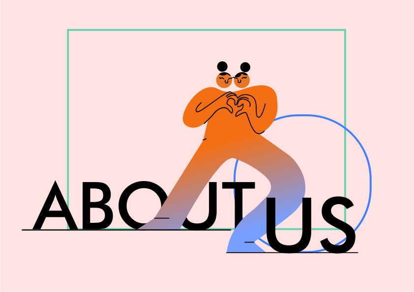 Abstract figures form heart shape over "about us" text.
