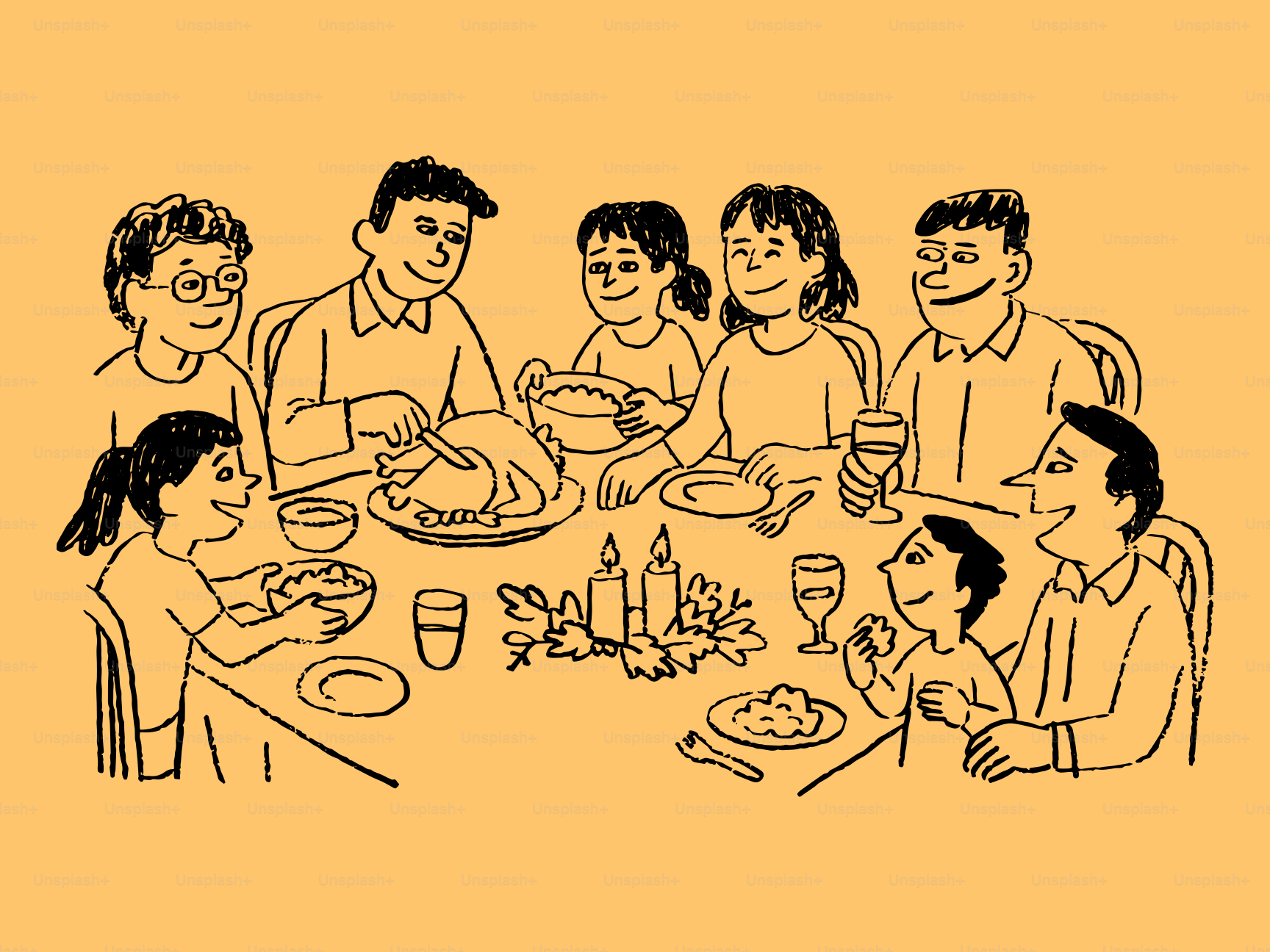 Family gathered around a table for a meal. vector – Illustration Image on  Unsplash, image size:3000x2250