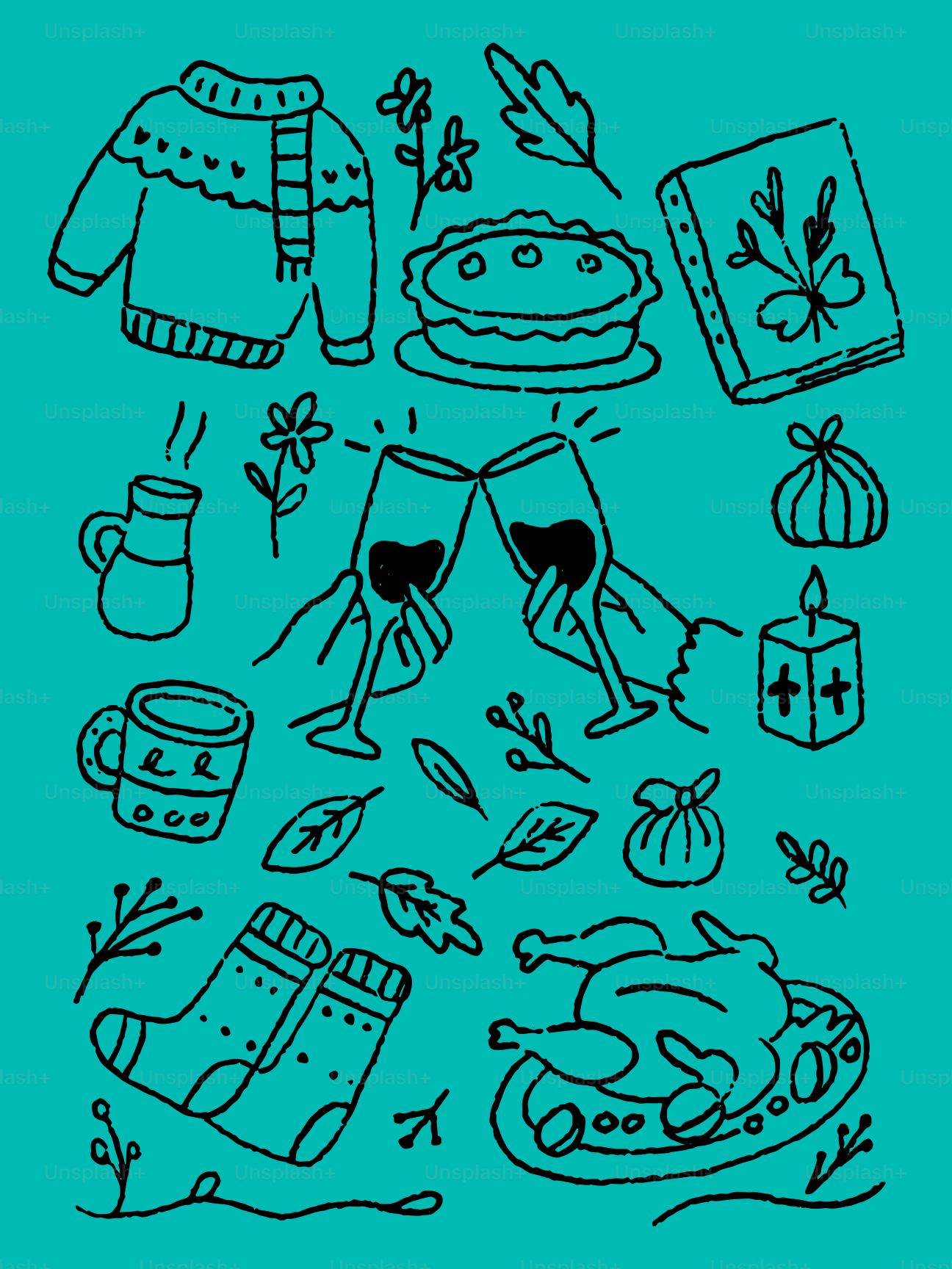 Cozy autumn and holiday elements arranged on teal background.