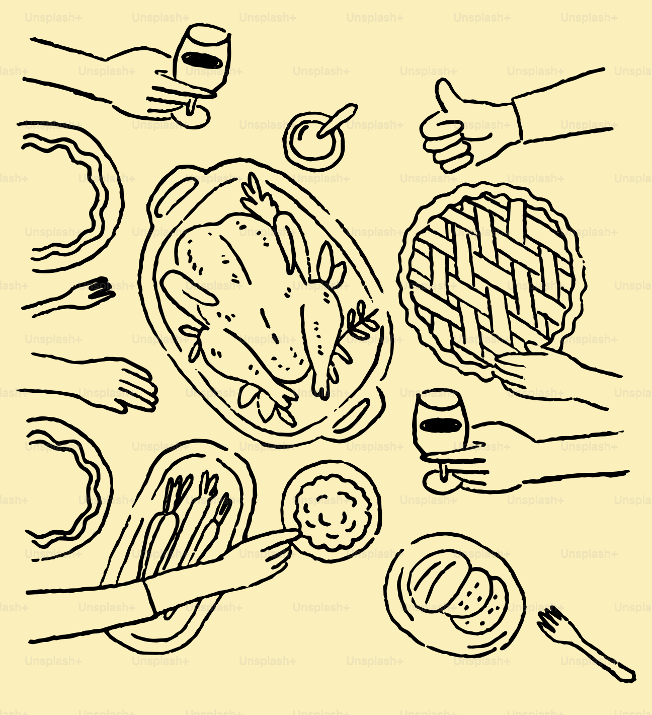 Hands serving a roasted chicken and pie at a table.