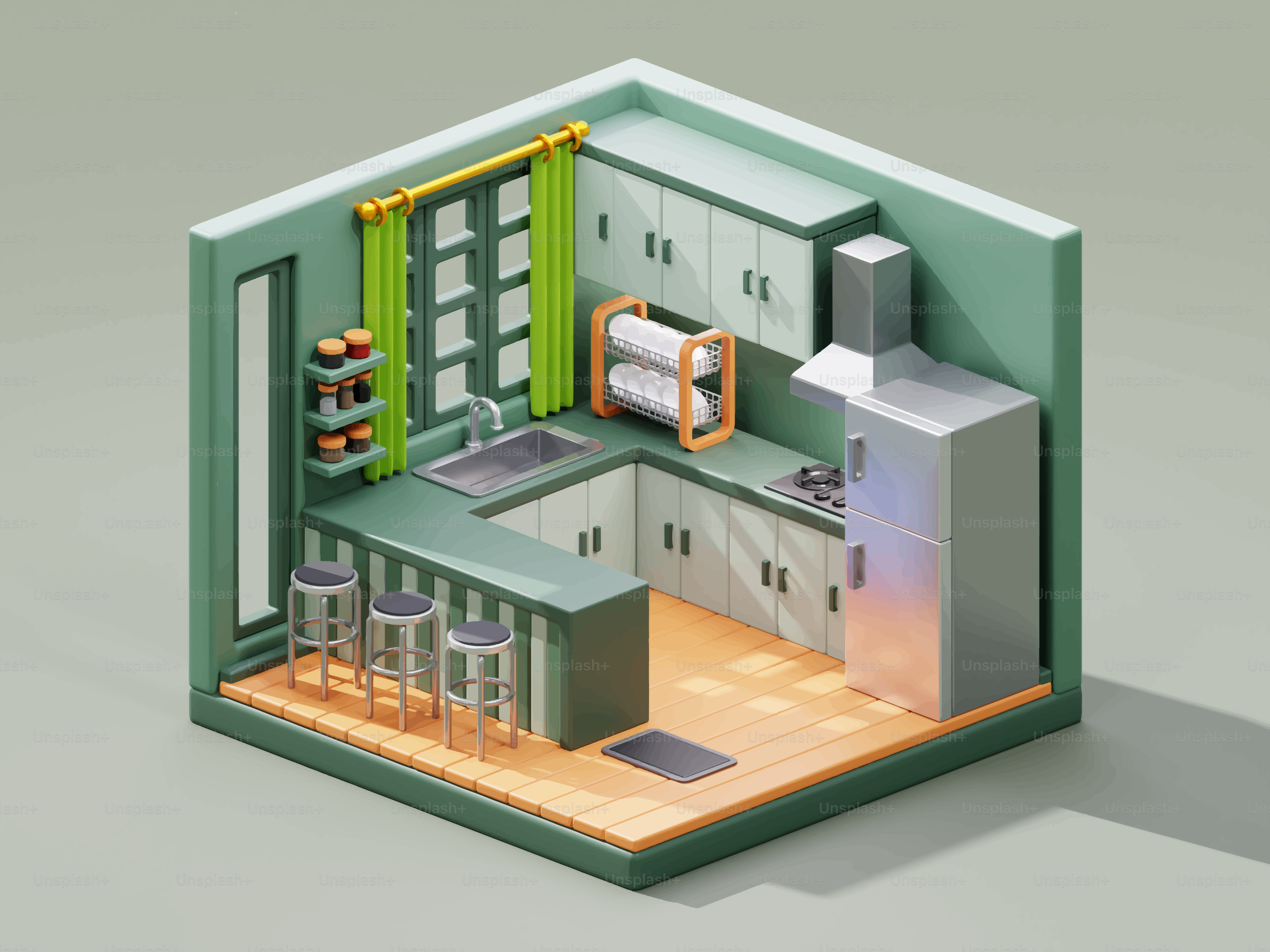 Isometric view of a mint green kitchen with island.
