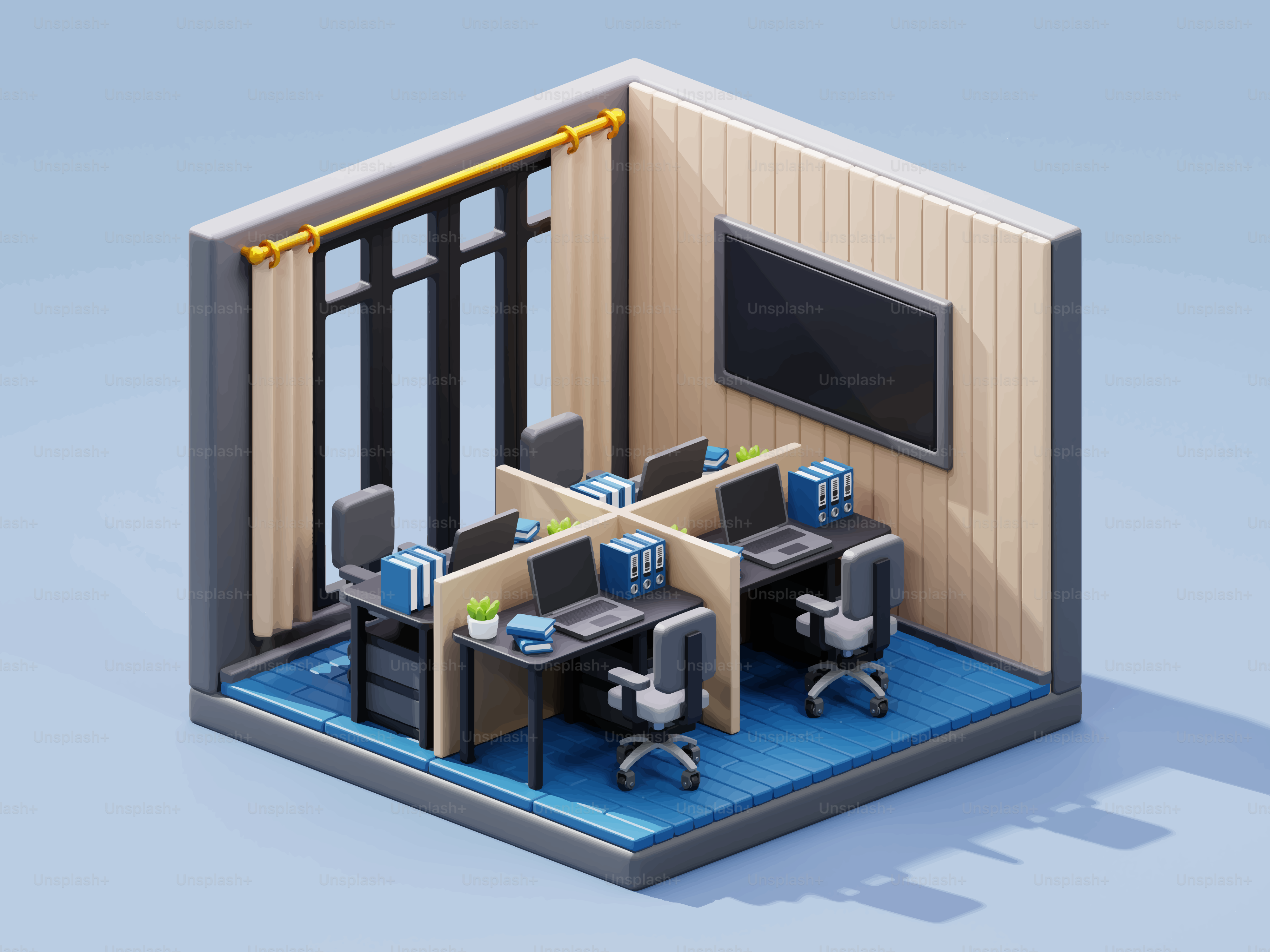 Modern office cubicles with computers and blue carpet