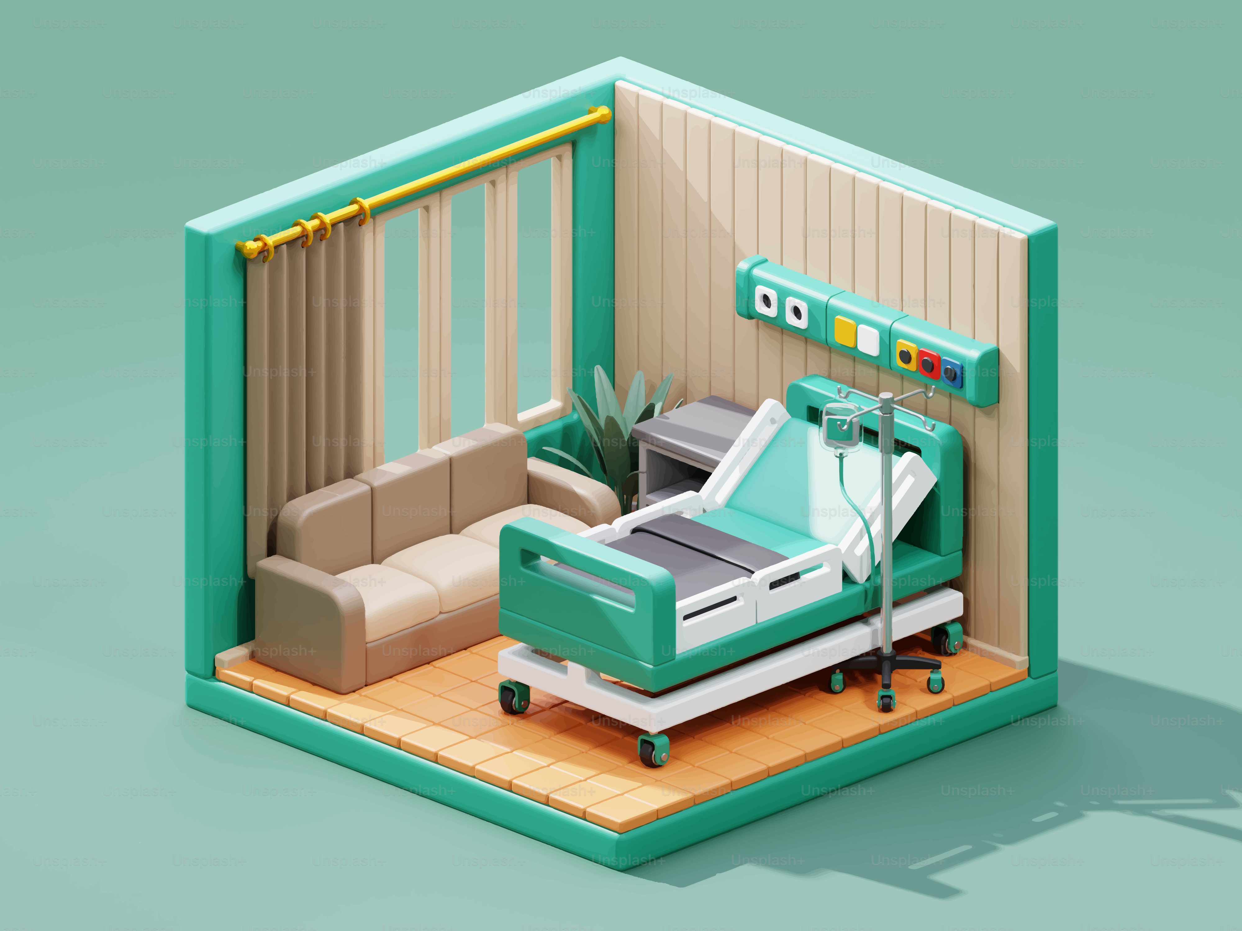 Isometric hospital room with bed and sofa.