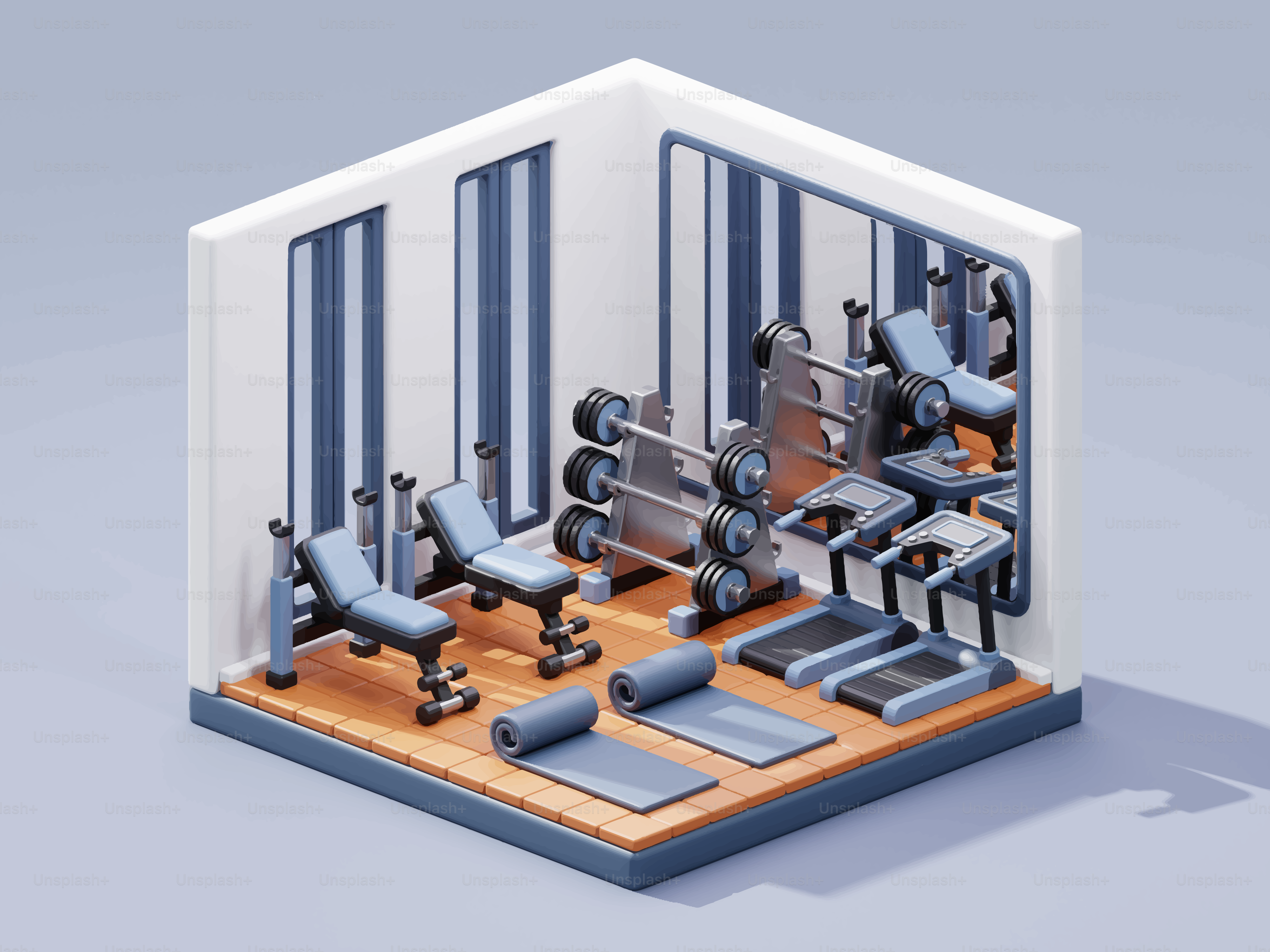 Isometric gym room with treadmills and weights