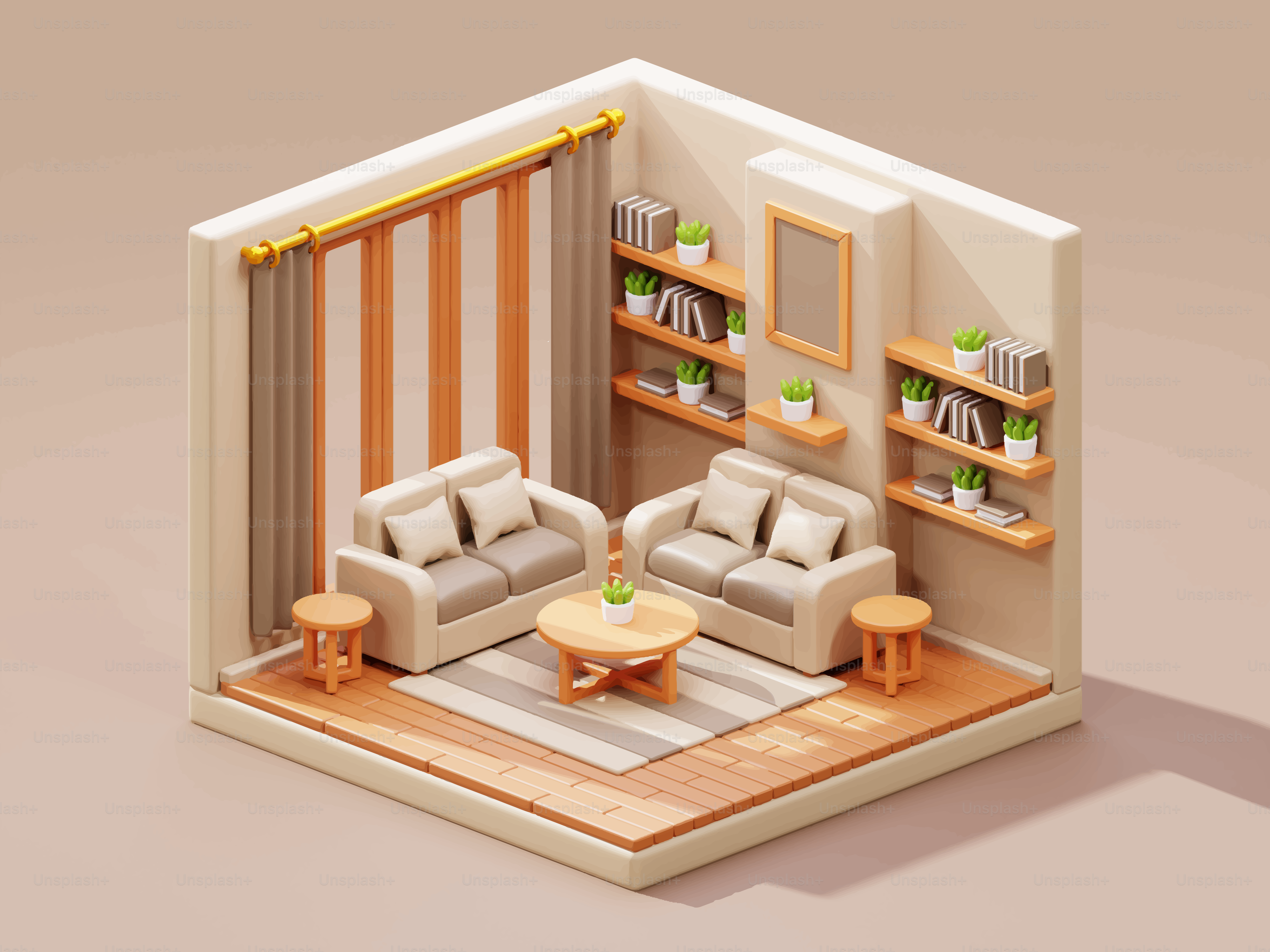 Cozy isometric living room with two sofas and coffee table.