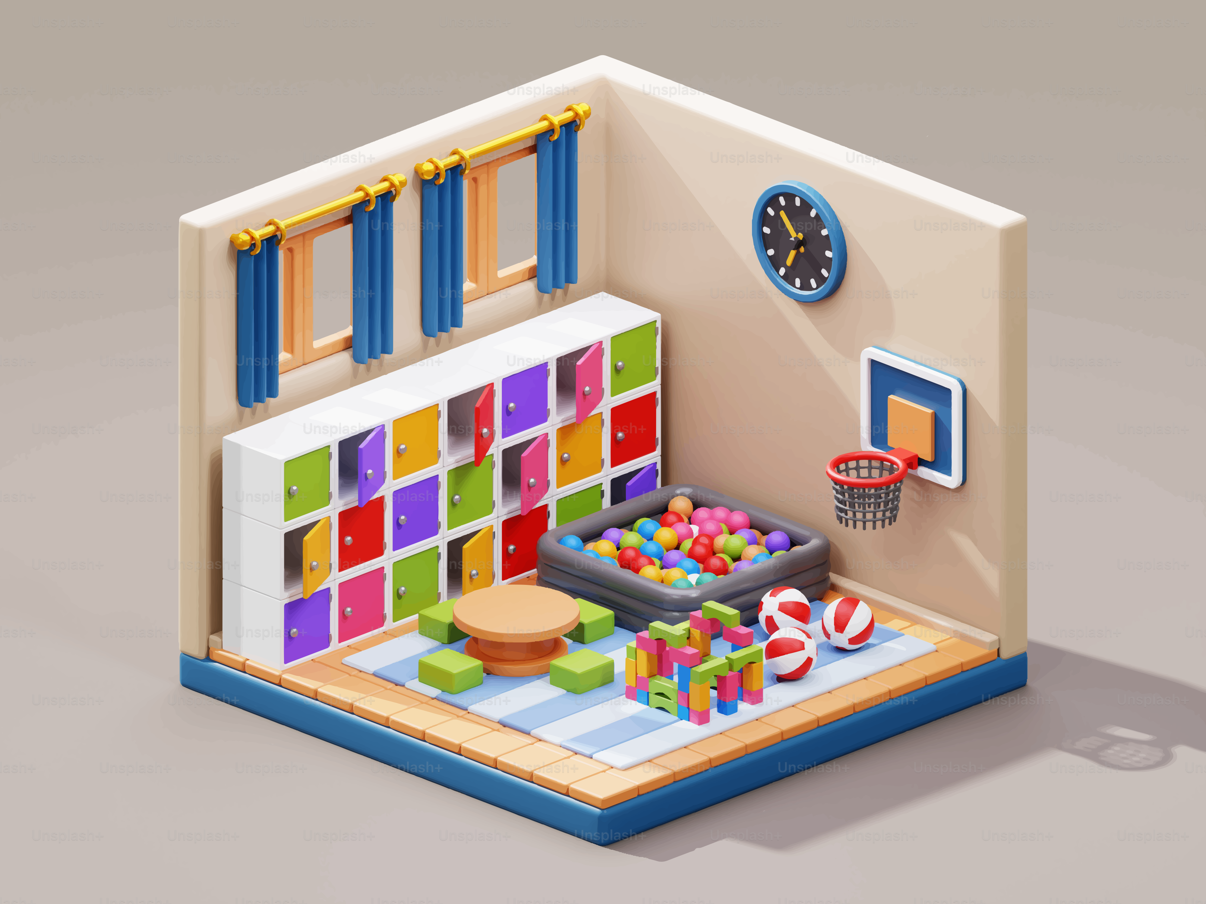 A colorful playroom with lockers, ball pit, and toys.