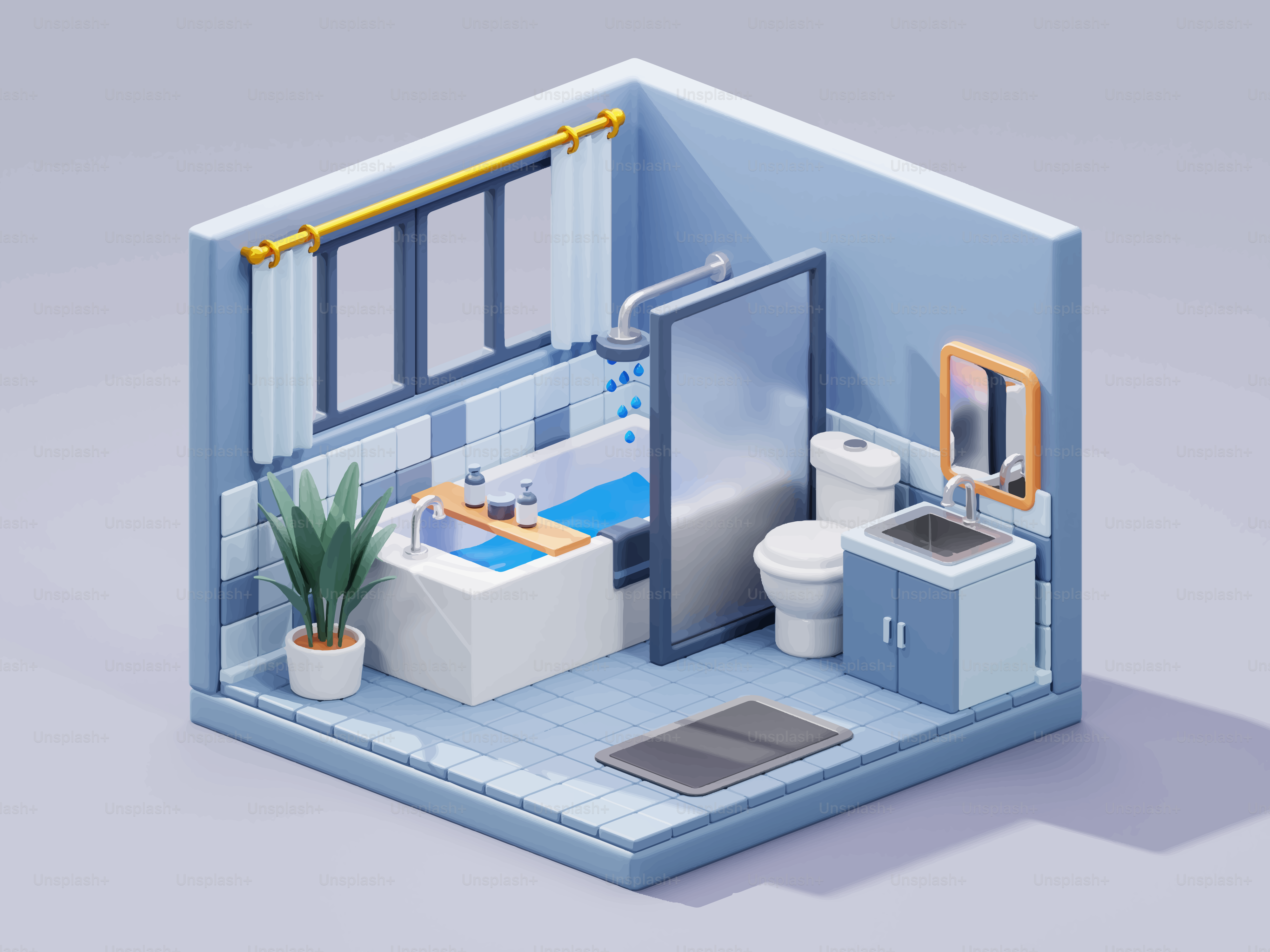 A stylized isometric bathroom with bathtub and toilet.