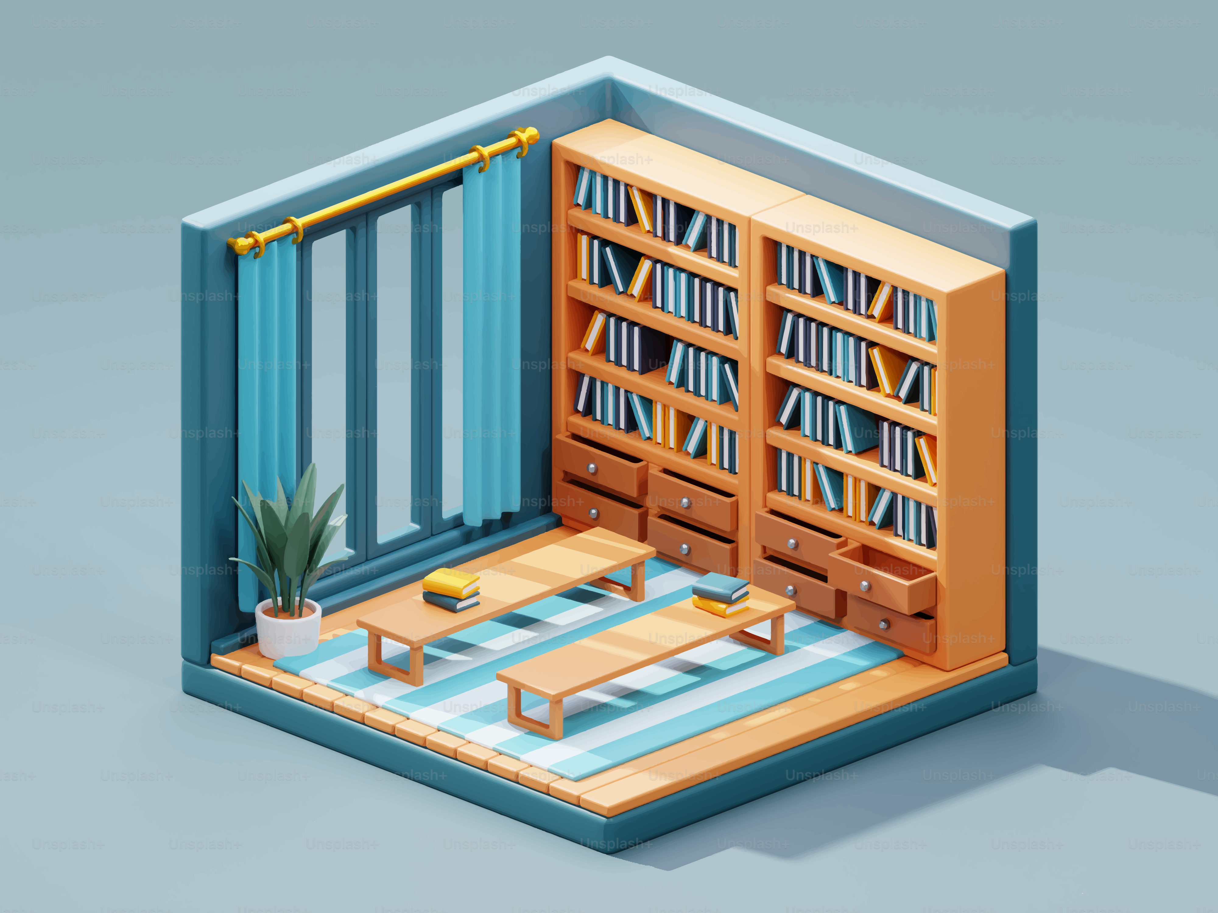 Isometric room with bookshelves and seating area for reading