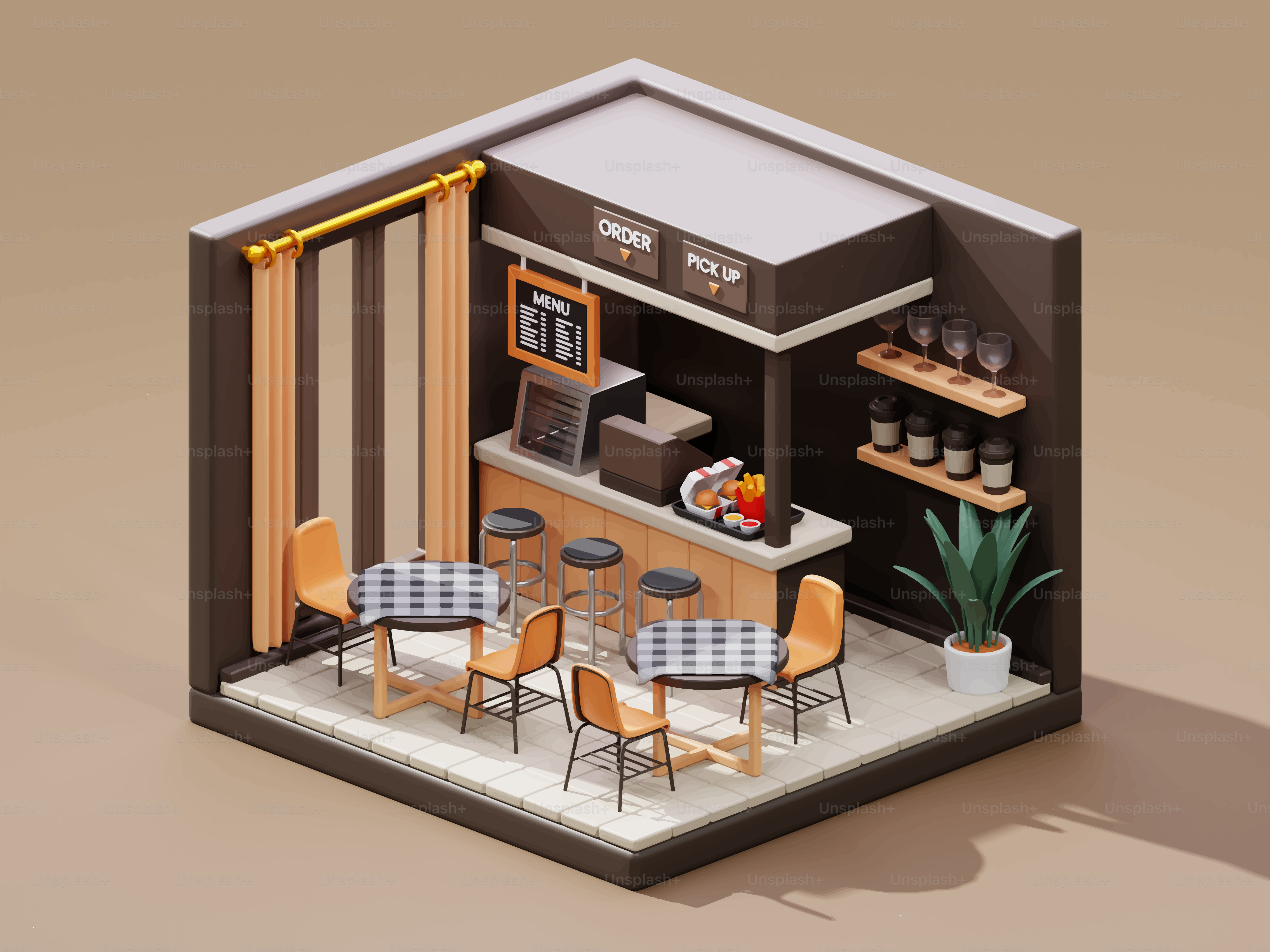 Cozy cafe interior with checkered tables and chairs.