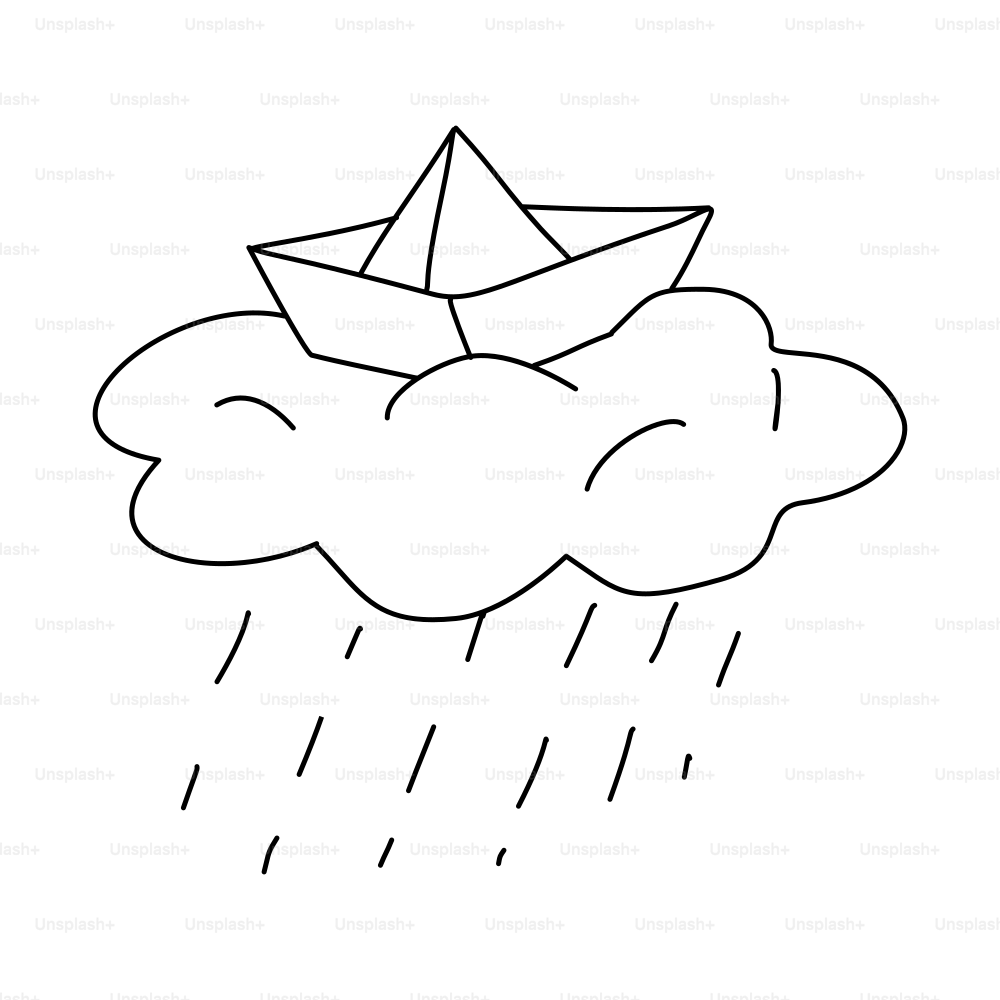 Paper boat on a cloud with rain