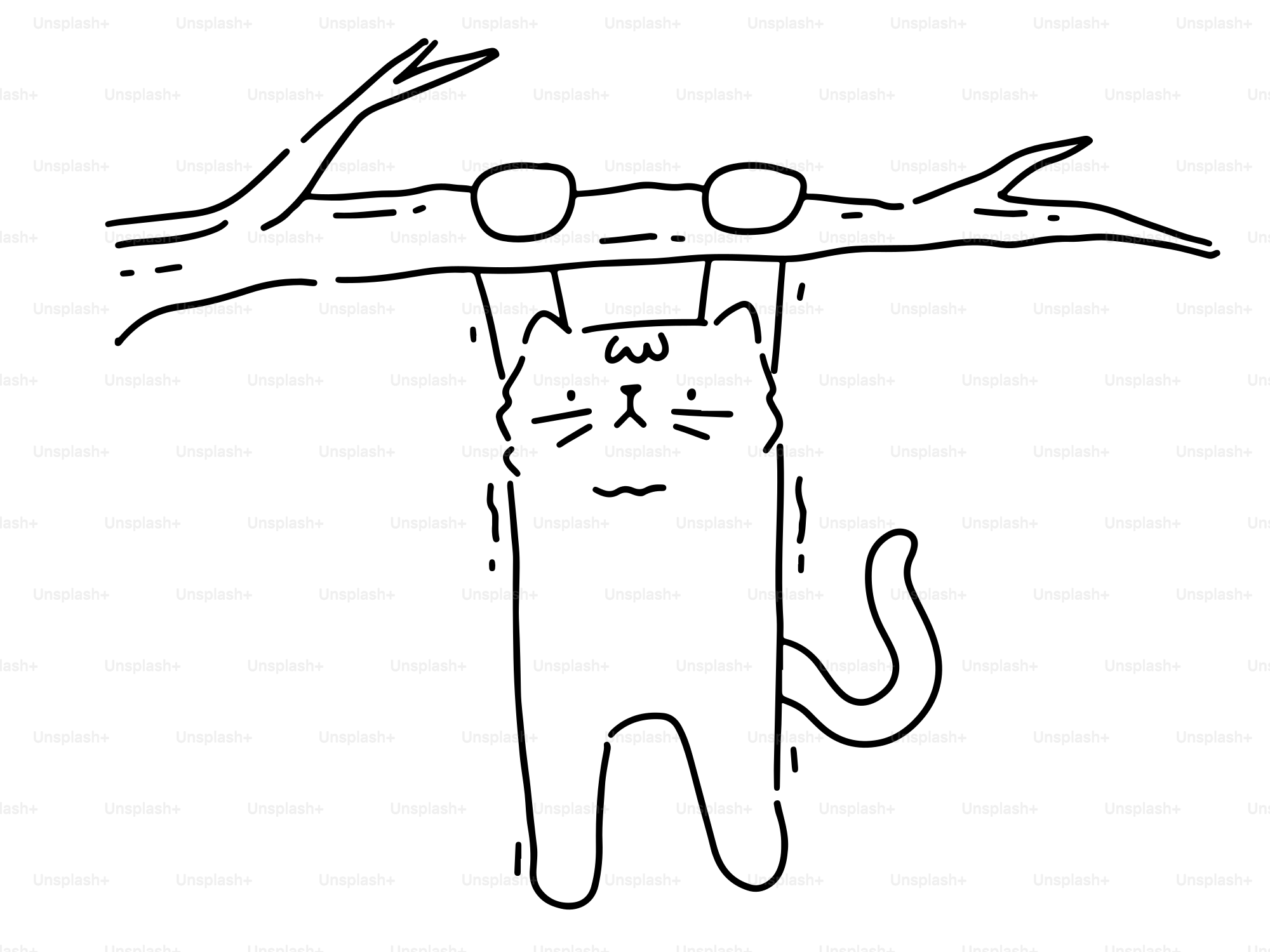 A cartoon cat hangs from a tree branch