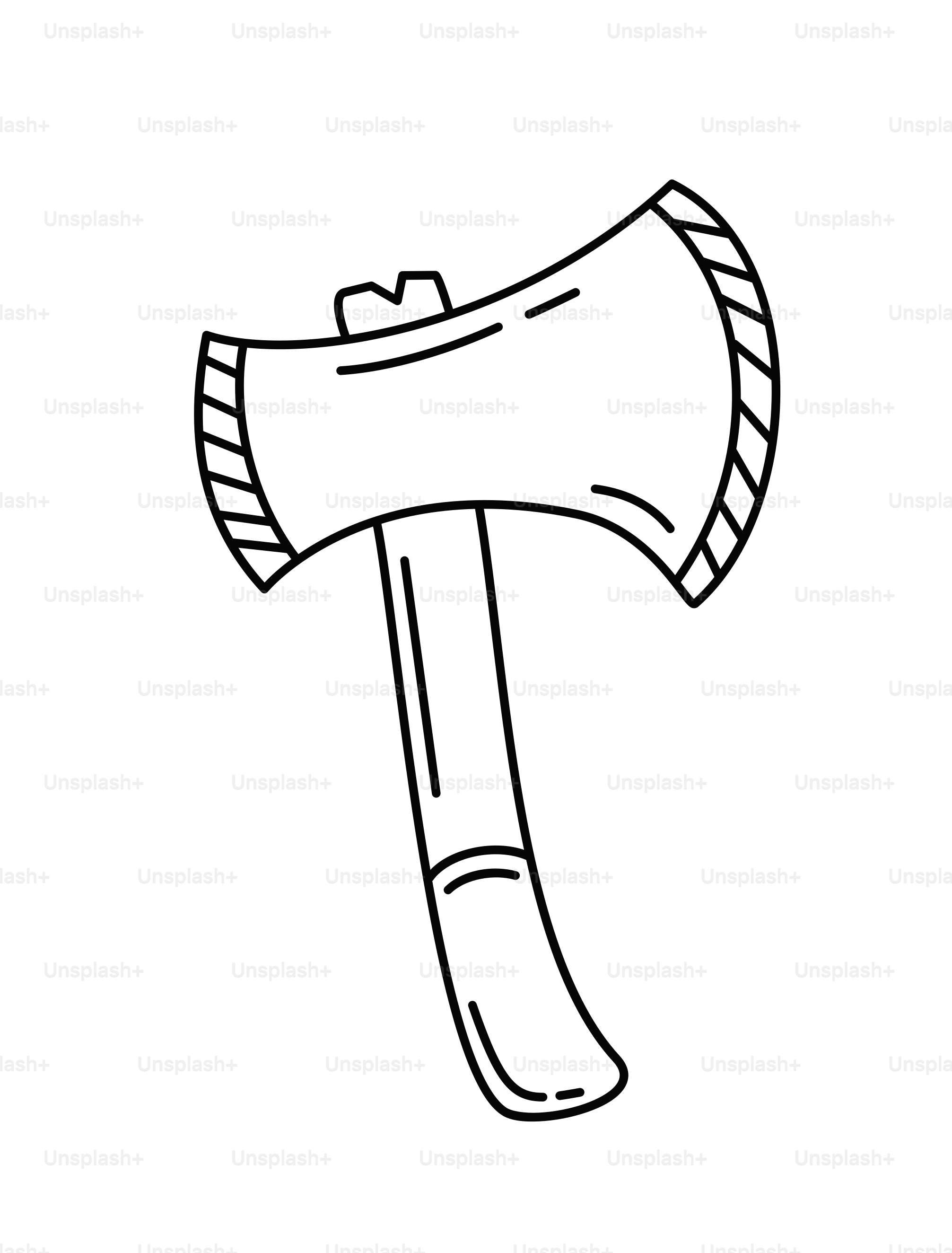 A simple black and white drawing of an axe