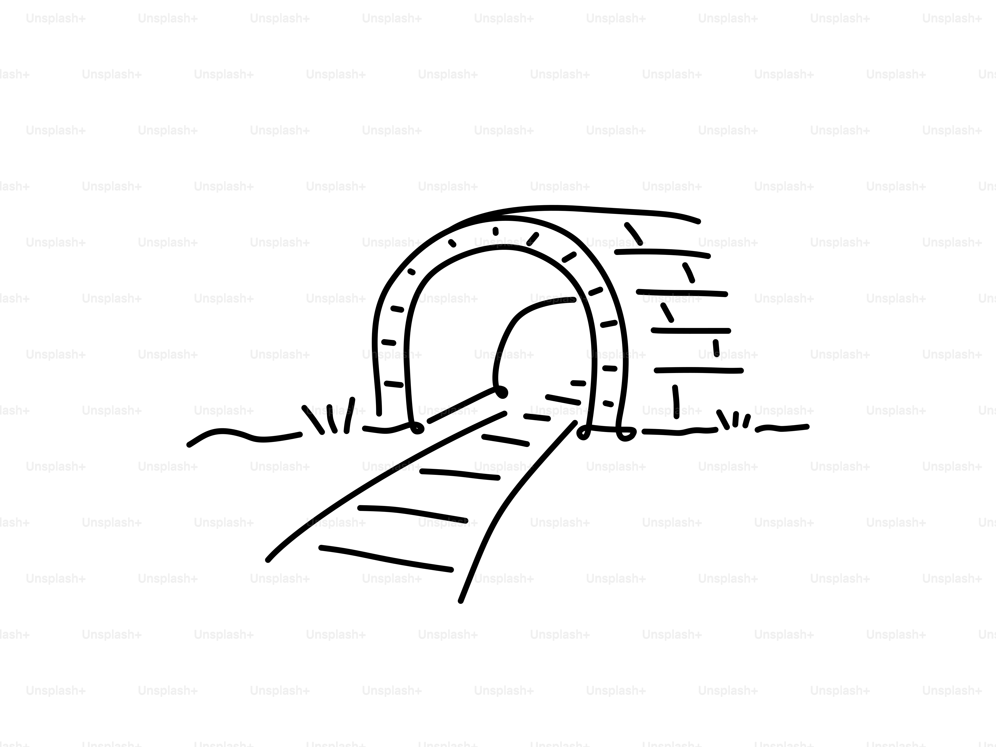 Un dessin au trait simple d’une entrée de tunnel avec des rails.