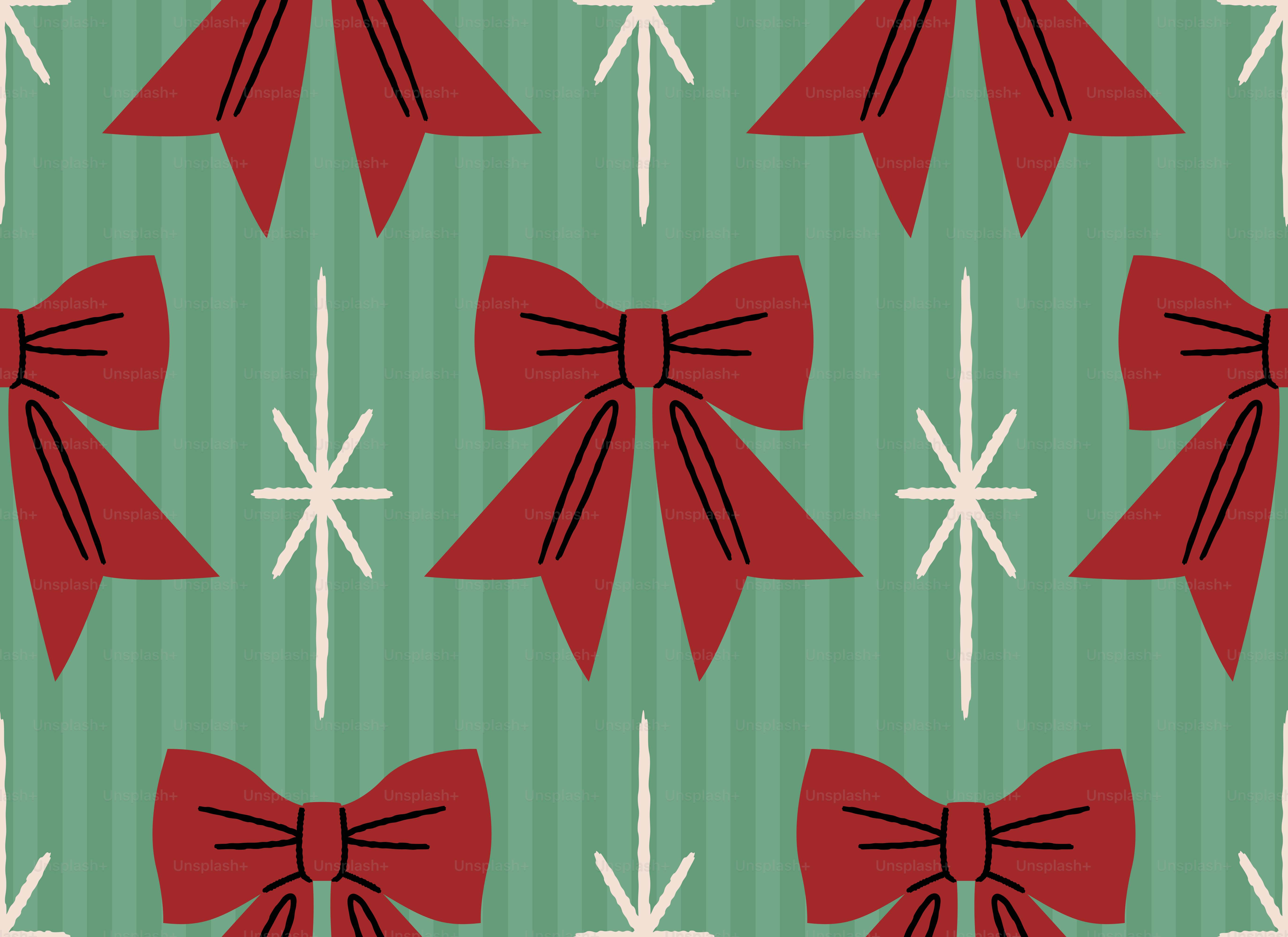 Red bows and white stars on green striped background