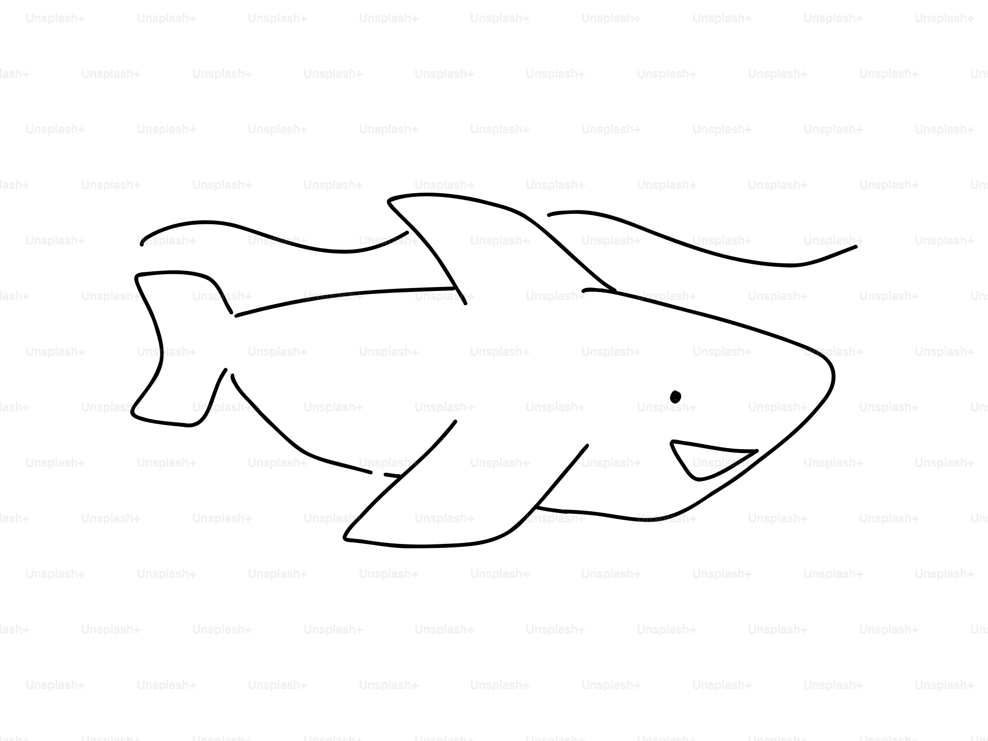 A simple line drawing of a smiling shark underwater.