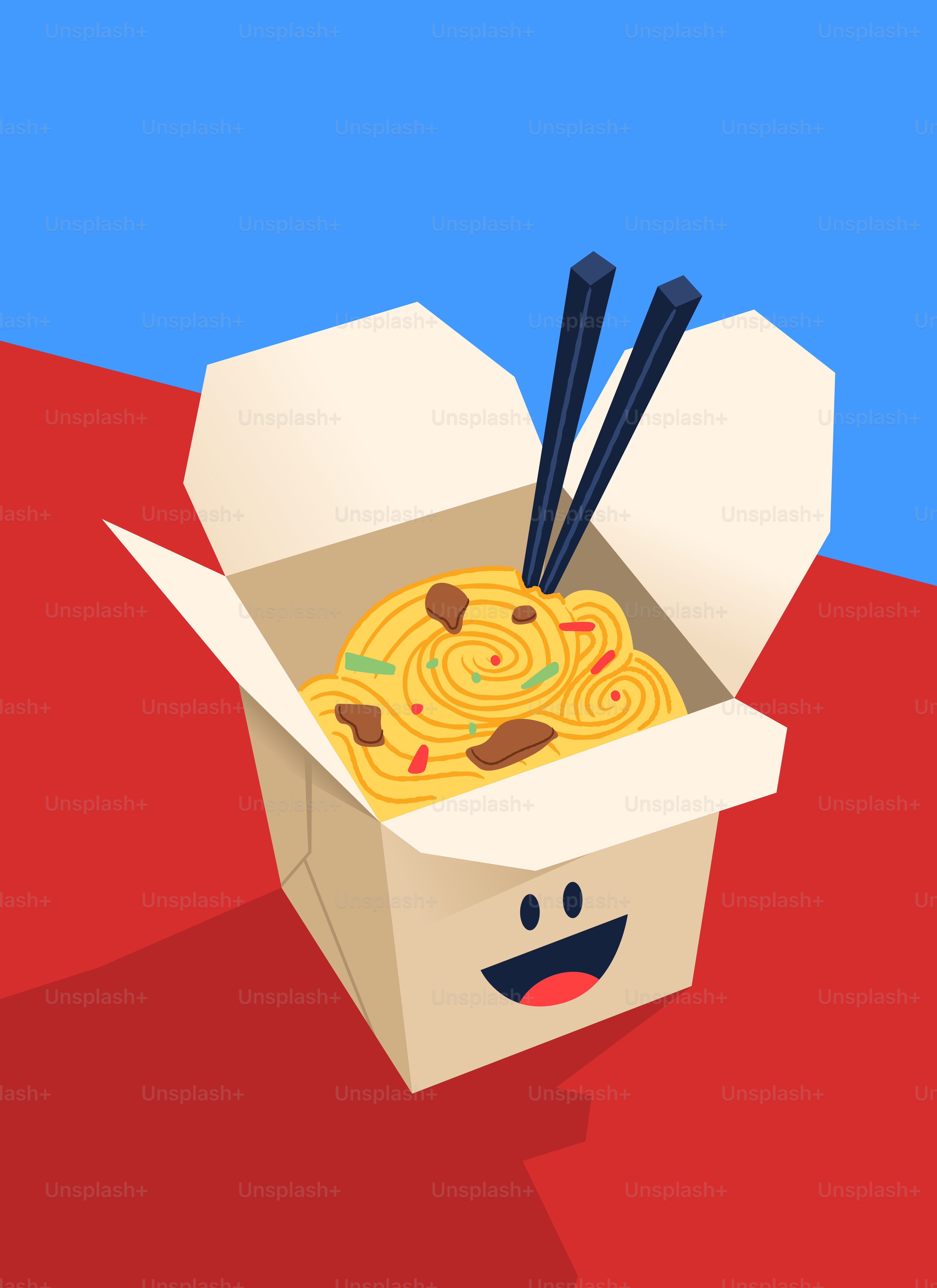 Takeout box with noodles and chopsticks