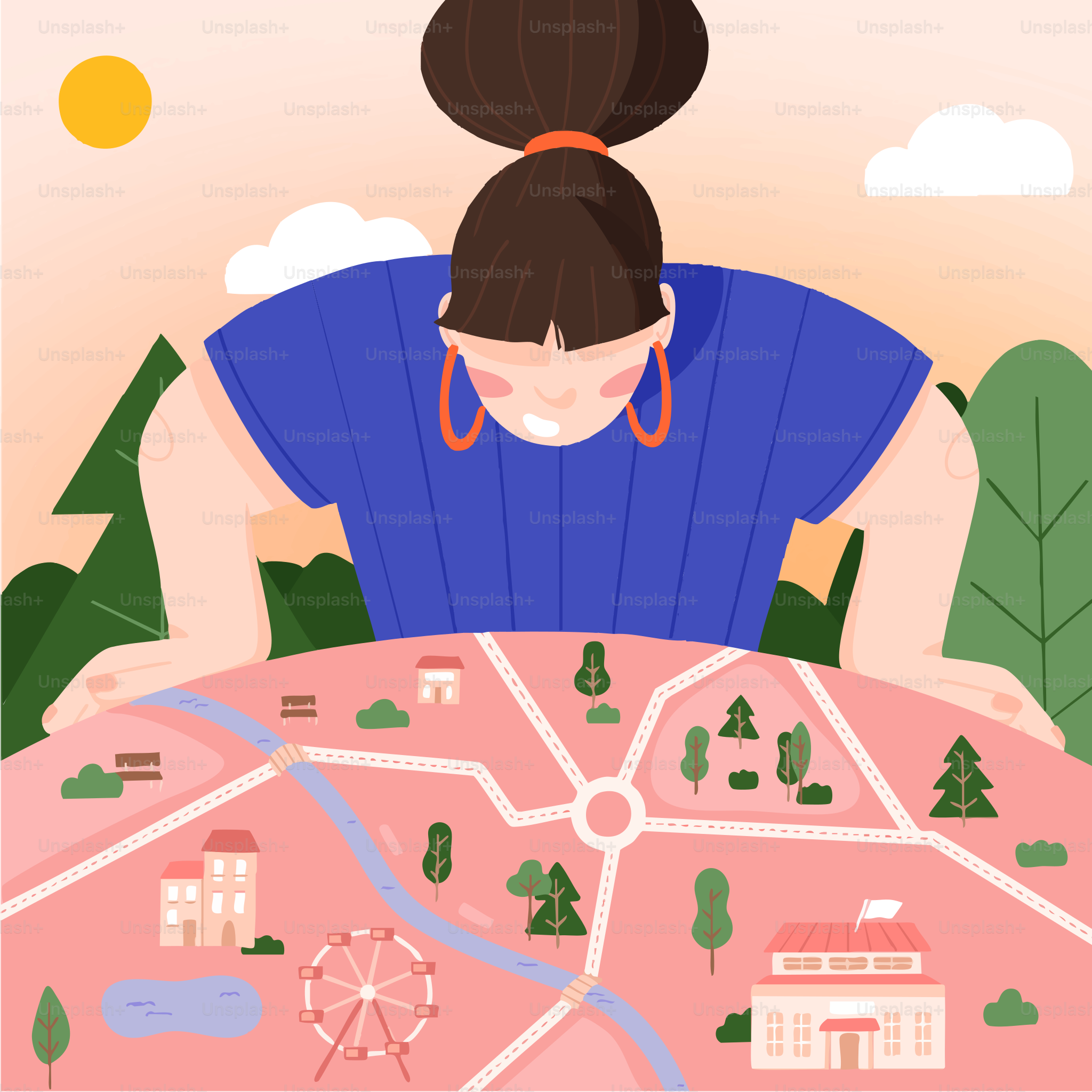 Donna che guarda una mappa della città con punti di riferimento.