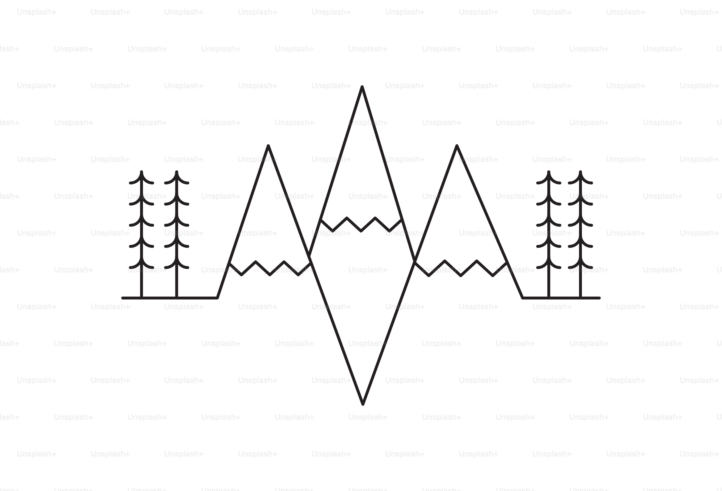 Stylized mountain range with pine trees on either side