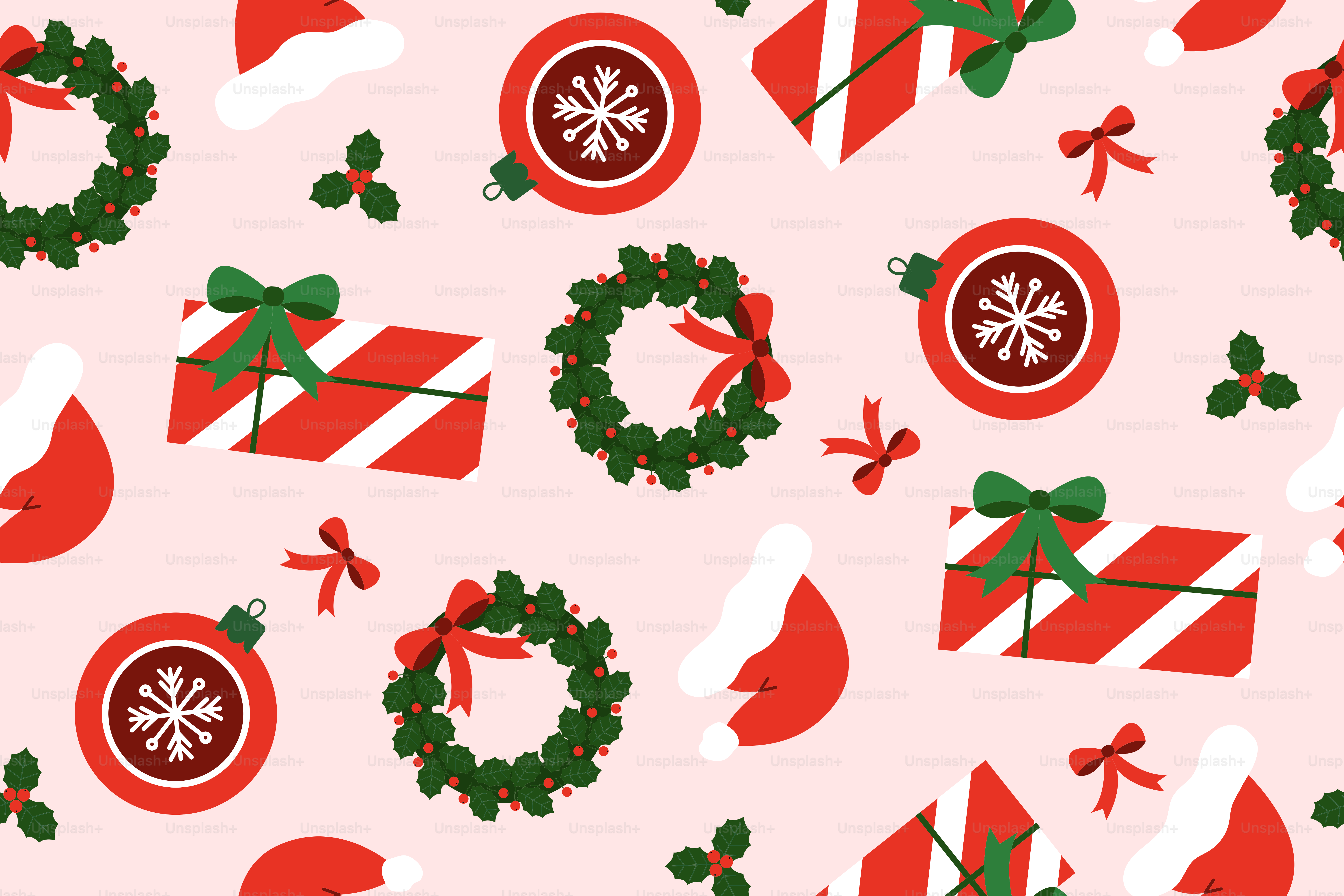 クリスマスオーナメント、ギフト、サンタ帽子のパターン