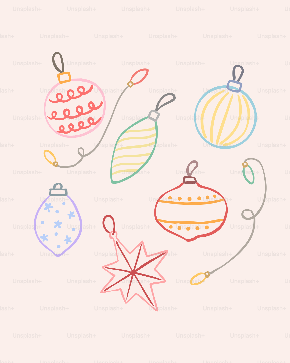 Assortment of colorful christmas ornaments on a pale background.